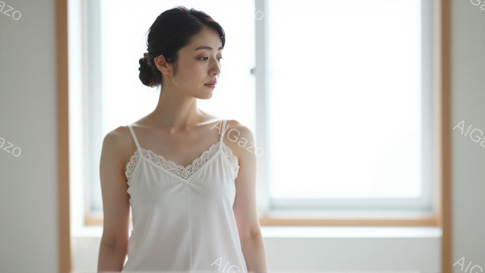 白いキャミソールを着た女性が、窓辺で少し内側を向いて立っている。髪は後ろで一つにまとめられており、表情は穏やかで物思いにふけっているように見える。背景は明るい光が差し込むシンプルな室内で、全体的に柔ら - AI生成フリー素材