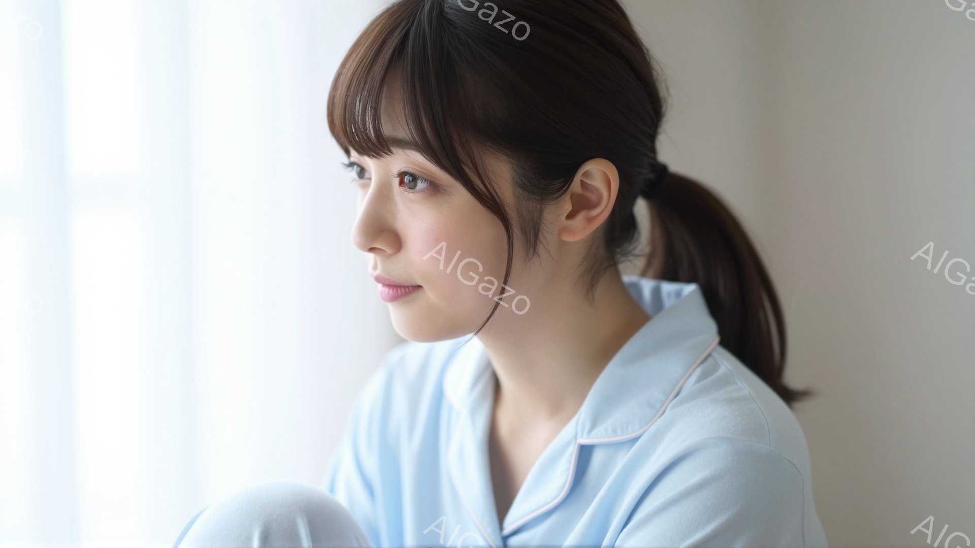 明るいブルーのパジャマを着た若い女性が、少し横を向いて何かを考えているような表情をしている。髪はダークブラウンで、後ろでポニーテールに結ばれている。背景は白く、窓からの自然光が差し込んでおり、全体的に - AI生成フリー素材