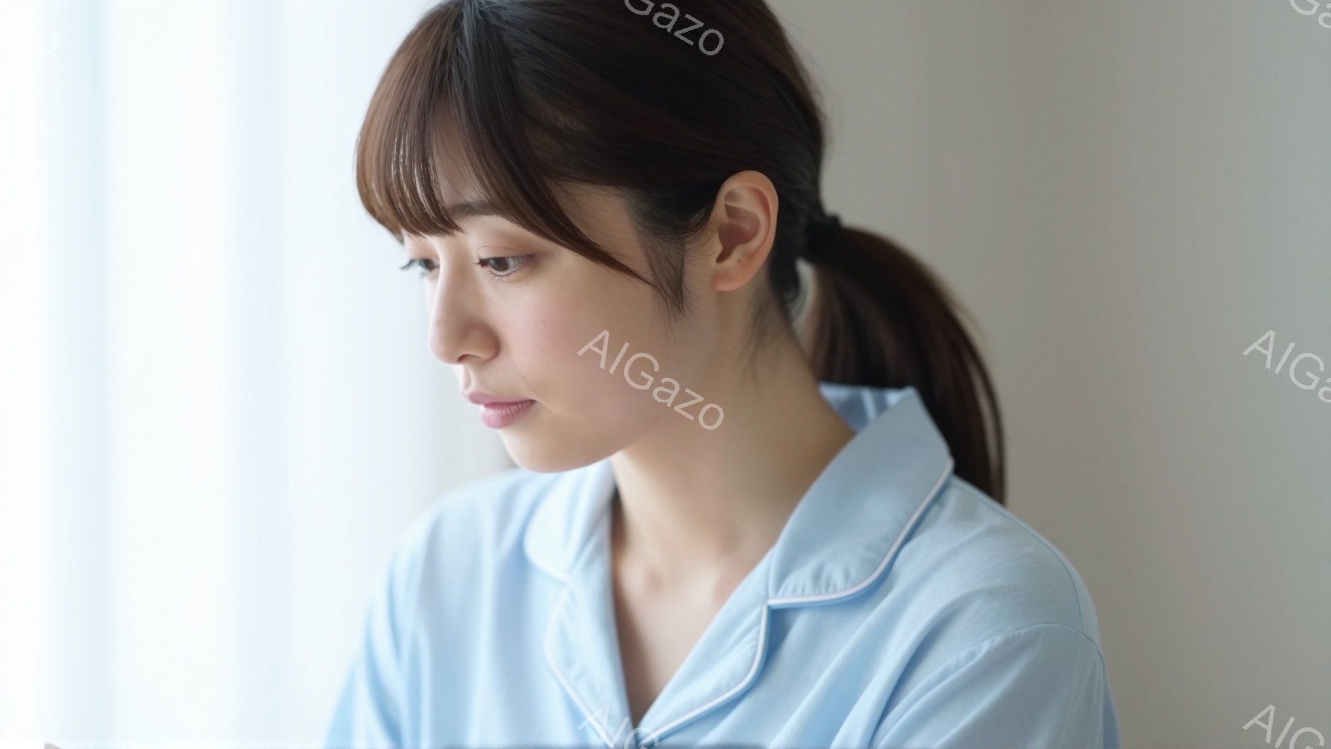 明るい青色のシャツを着た若い女性が写っている。彼女は髪を後ろで一つにまとめ、穏やかな表情で少し下を見つめている。背景はぼやけており、窓からの自然光が差し込んでいるため、全体的に柔らかく、静かな雰囲気が - AI生成フリー素材