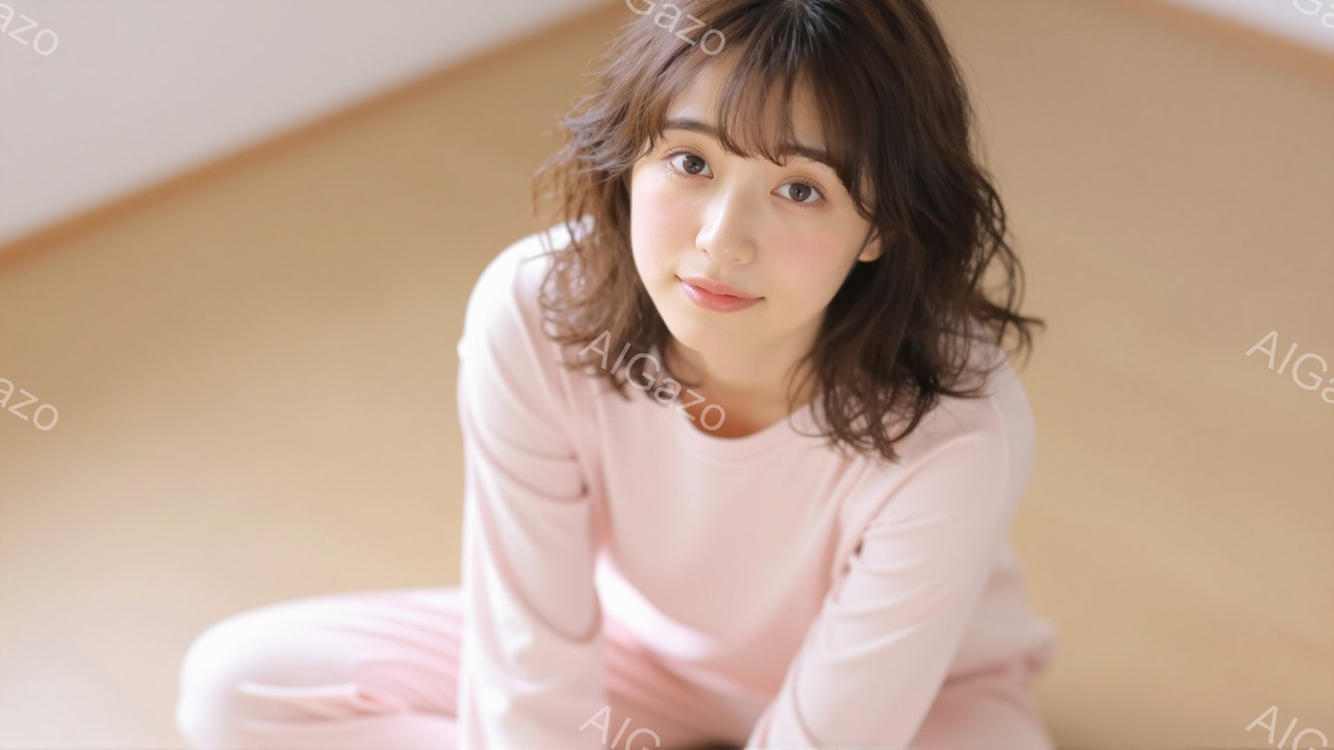 画像には、明るい茶色の髪を肩まで伸ばした若い女性が写っています。彼女は淡いピンク色の長袖シャツとズボンを着用し、床に座ってカメラに向かって微笑んでいます。背景は薄いベージュ色で、全体的に柔らかく穏やかな雰囲気が漂っています。