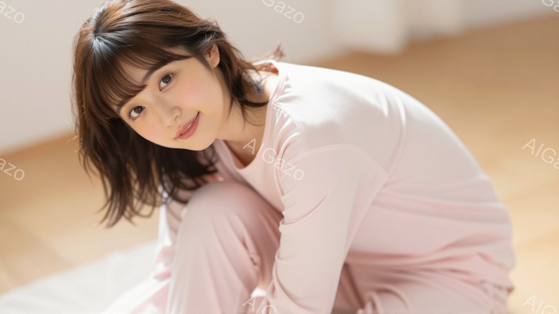 明るい茶髪の女性が、ピンク色の長袖シャツとズボンを身につけて床に座っている。彼女はカメラに向かって微笑み、少し体をひねった姿勢でリラックスした表情を見せている。背景は明るい色のフローリングで、全体的に穏やかで温かい雰囲気が漂っている。