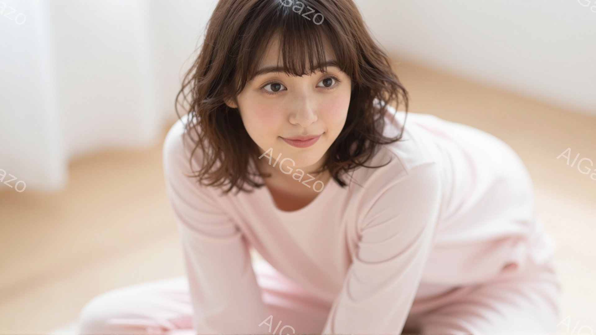 明るいピンク色の長袖シャツとパンツを着用した若い女性が、床に座ってこちらを見つめています。彼女は、ゆるいウェーブのかかった茶色の髪と、穏やかな笑顔が印象的です。背景は白い壁と明るい床で、全体的に暖かく - AI生成フリー素材