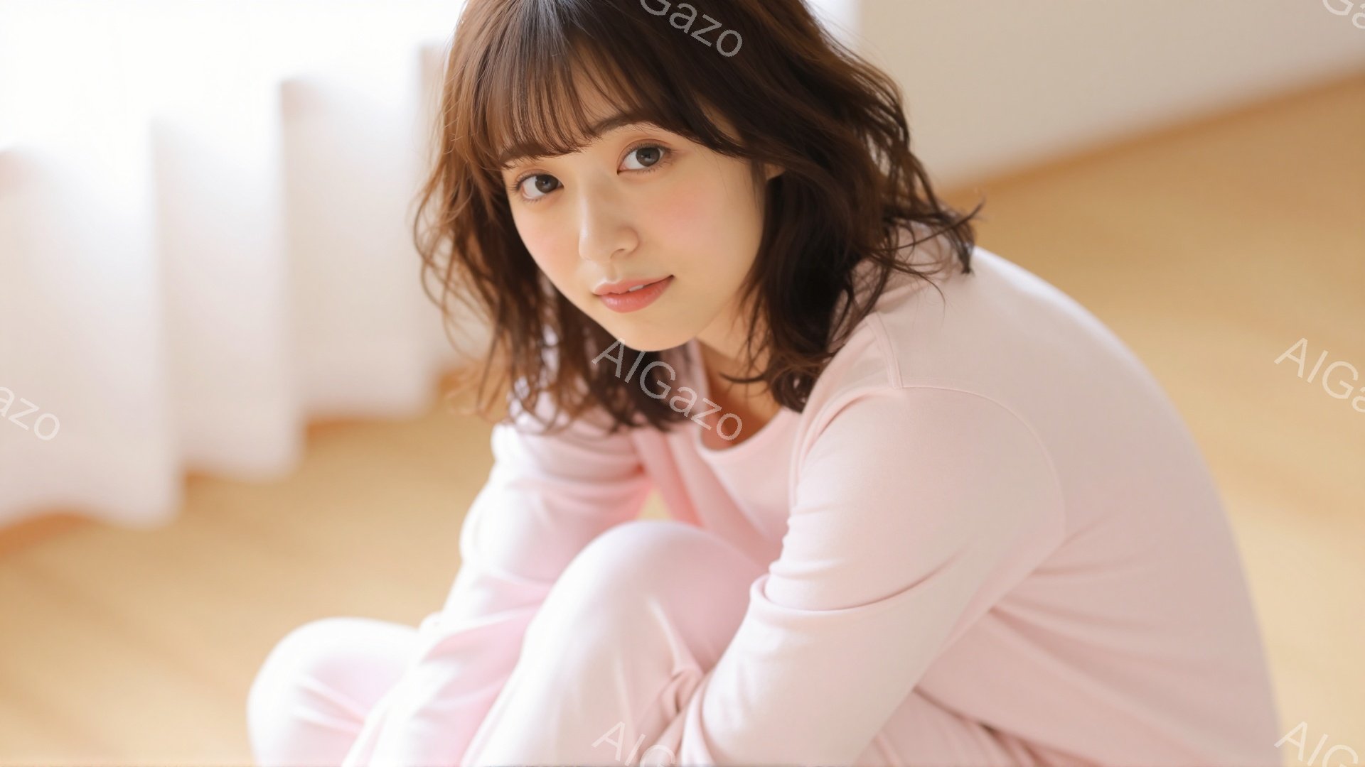 明るい茶色の髪を肩のあたりで揺らす女性が、薄いピンク色のスウェットスーツ姿で床に座っている。彼女は少し微笑み、穏やかな表情でカメラを見つめており、全体的に柔らかく優しい雰囲気である。背景はぼかされてお - AI生成フリー素材