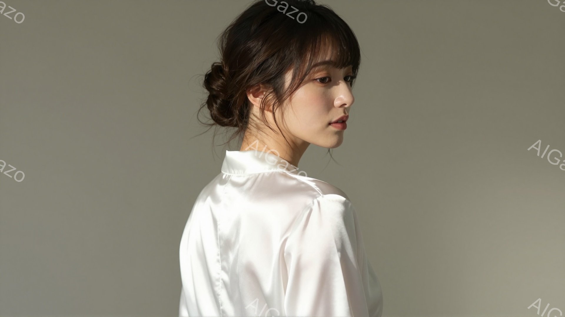 この女性は白いシルクシャツを着ており、髪は後ろで緩くまとめられています。彼女は横向きで、わずかに微笑んでいるように見え、落ち着いた表情をしています。背景は淡いグレーで、全体的に穏やかで洗練された雰囲気 - AI生成フリー素材