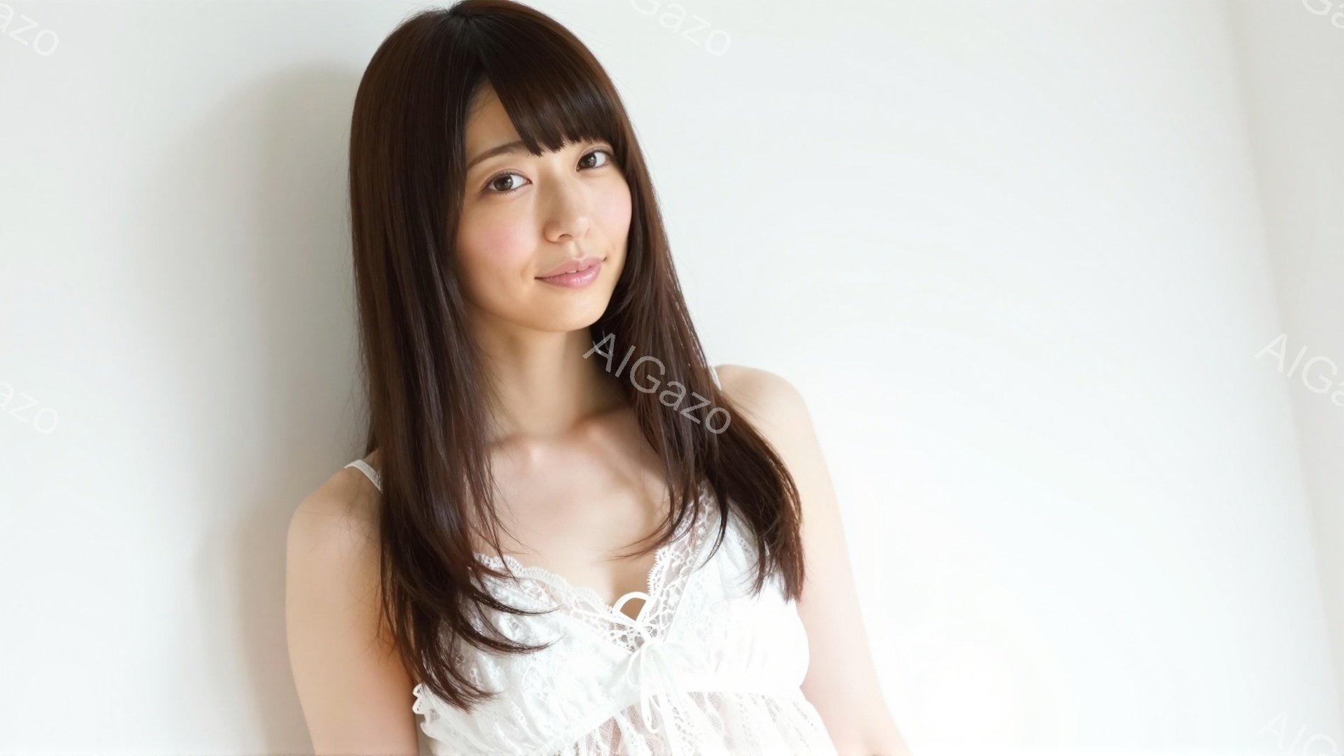 長い黒髪を肩にかかるように下ろし、白いレースのキャミソールを着た女性が写っています。彼女はわずかに微笑み、リラックスした表情で正面を見つめています。背景は白く、女性が際立っており、全体的に柔らかく優し - AI生成フリー素材