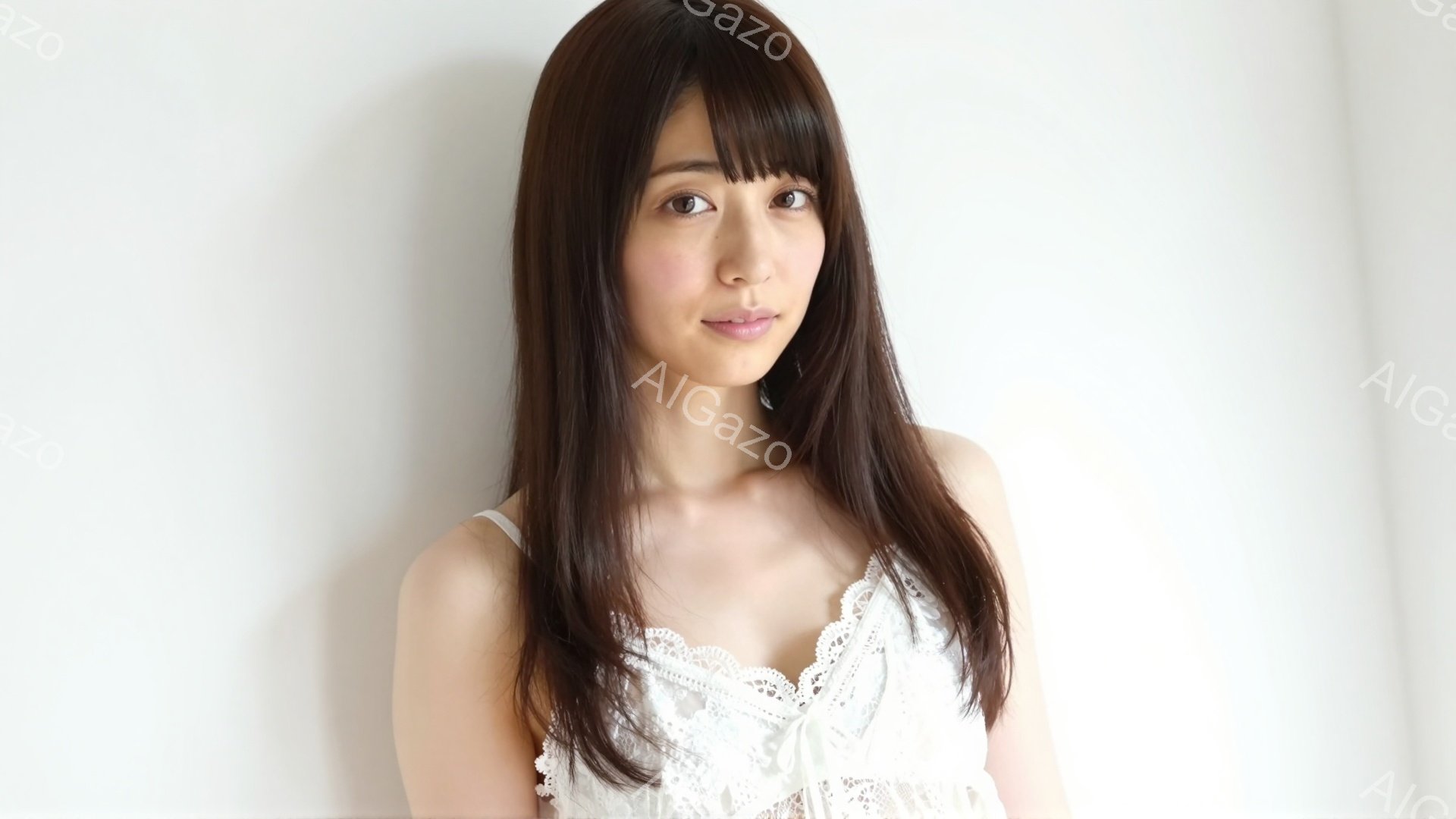 この女性は白いレースのキャミソールを着ており、長い茶色の髪を肩にかかせています。彼女はわずかに微笑んでおり、穏やかで優しい表情をしています。背景は白く、女性が際立っており、全体的に柔らかく、繊細な雰囲 - AI生成フリー素材