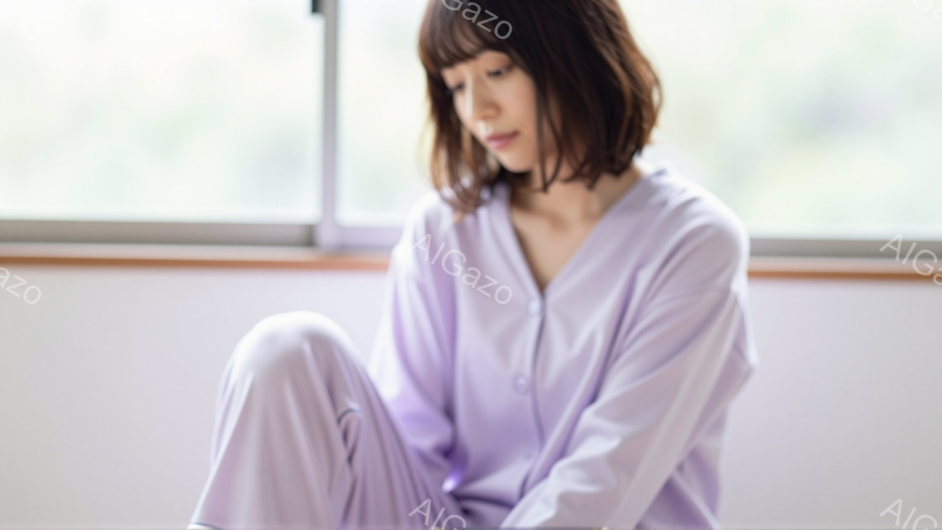 薄紫色のパジャマを着た女性が、床に座って膝を抱えています。彼女は肩までの長さの茶色の髪を持ち、少し憂いを帯びた表情をしています。背景はぼやけていますが、窓と白い壁が見え、全体的に穏やかで内省的な雰囲気 - AI生成フリー素材