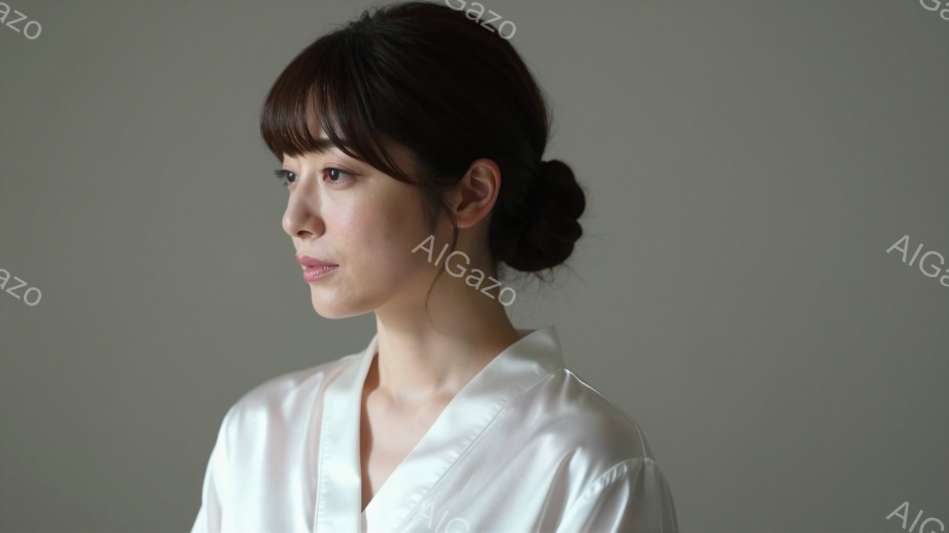 画像は、白いブラウスを着た女性のポートレートです。彼女は髪を後ろでまとめ、横顔で少し上を見つめています。背景は淡いグレーで、全体的に落ち着いた、洗練された雰囲気です。 - AI生成フリー素材