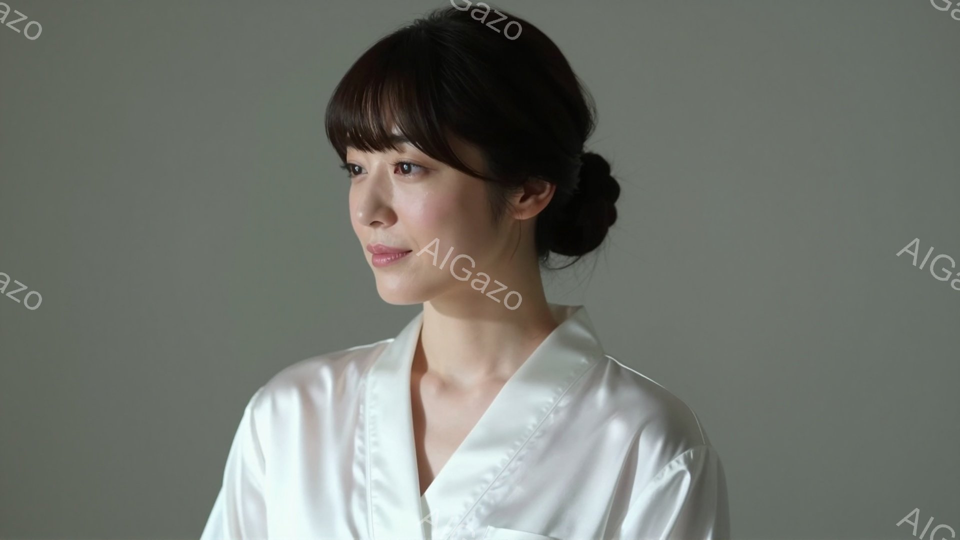 この女性は白い、光沢のある素材のローブのようなものを着ています。髪は後ろでまとめられ、顔は穏やかで少し微笑んでいるように見えます。背景は淡いグレーで、人物に焦点が当てられています。 - AI生成フリー素材