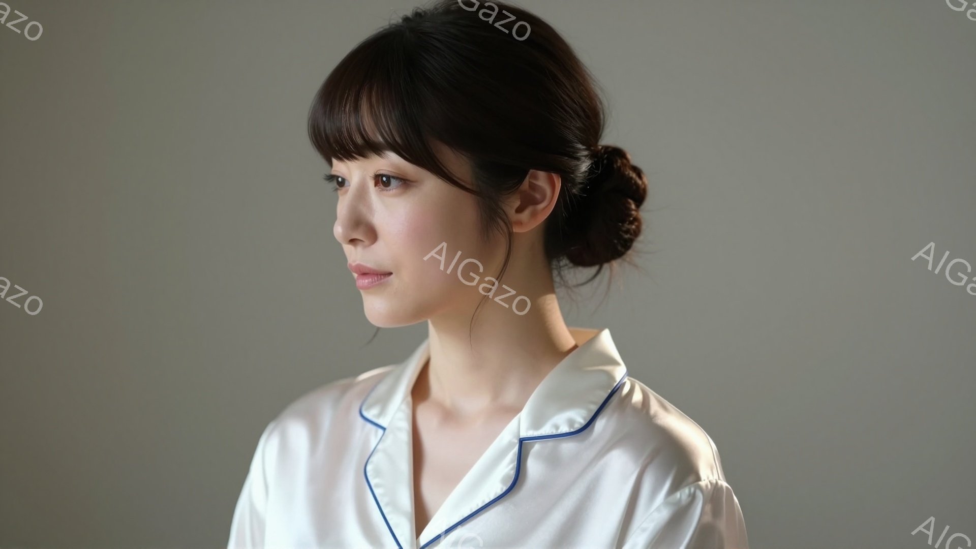 彼女は白い襟付きのシャツを着ており、髪は後ろでまとめられています。彼女は横向きに少し上を見つめ、穏やかで物憂げな表情をしています。背景は淡いグレーで、彼女が際立っており、全体的に落ち着いた雰囲気です。 - AI生成フリー素材