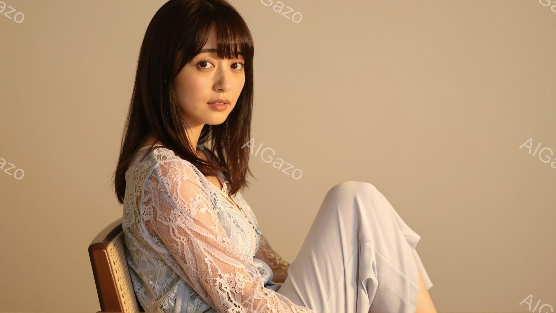 長いダークブラウンの髪は肩にかかる程度に自然に流れており、前髪は眉毛にかかるように切り揃えられています。淡いブルーのレース素材のブラウスと、同じく淡いブルーのゆったりとしたパンツを身につけており、椅子 - AI生成フリー素材