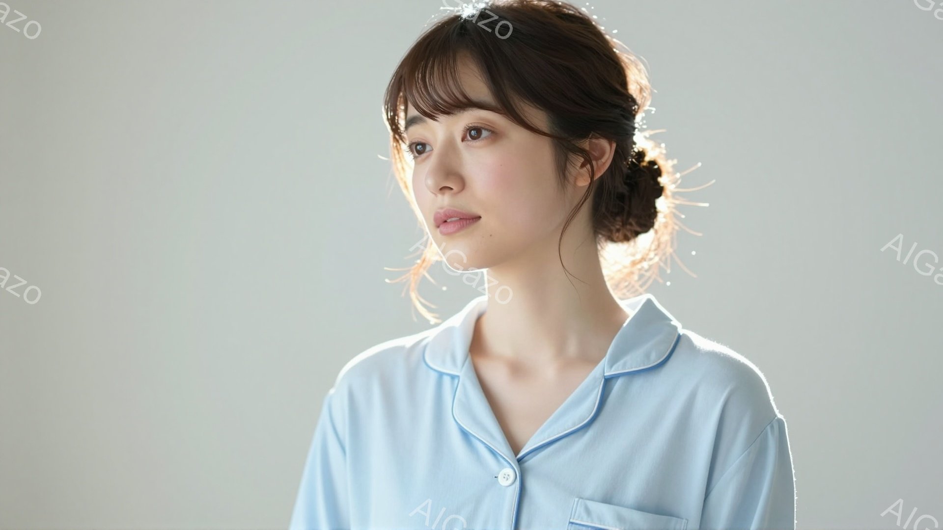 明るいブルーのシャツを着た若い女性が写っています。髪は軽くウェーブがかかり、後ろで無造作にまとめられています。彼女は少し横を向いており、穏やかで物憂げな表情をしています。