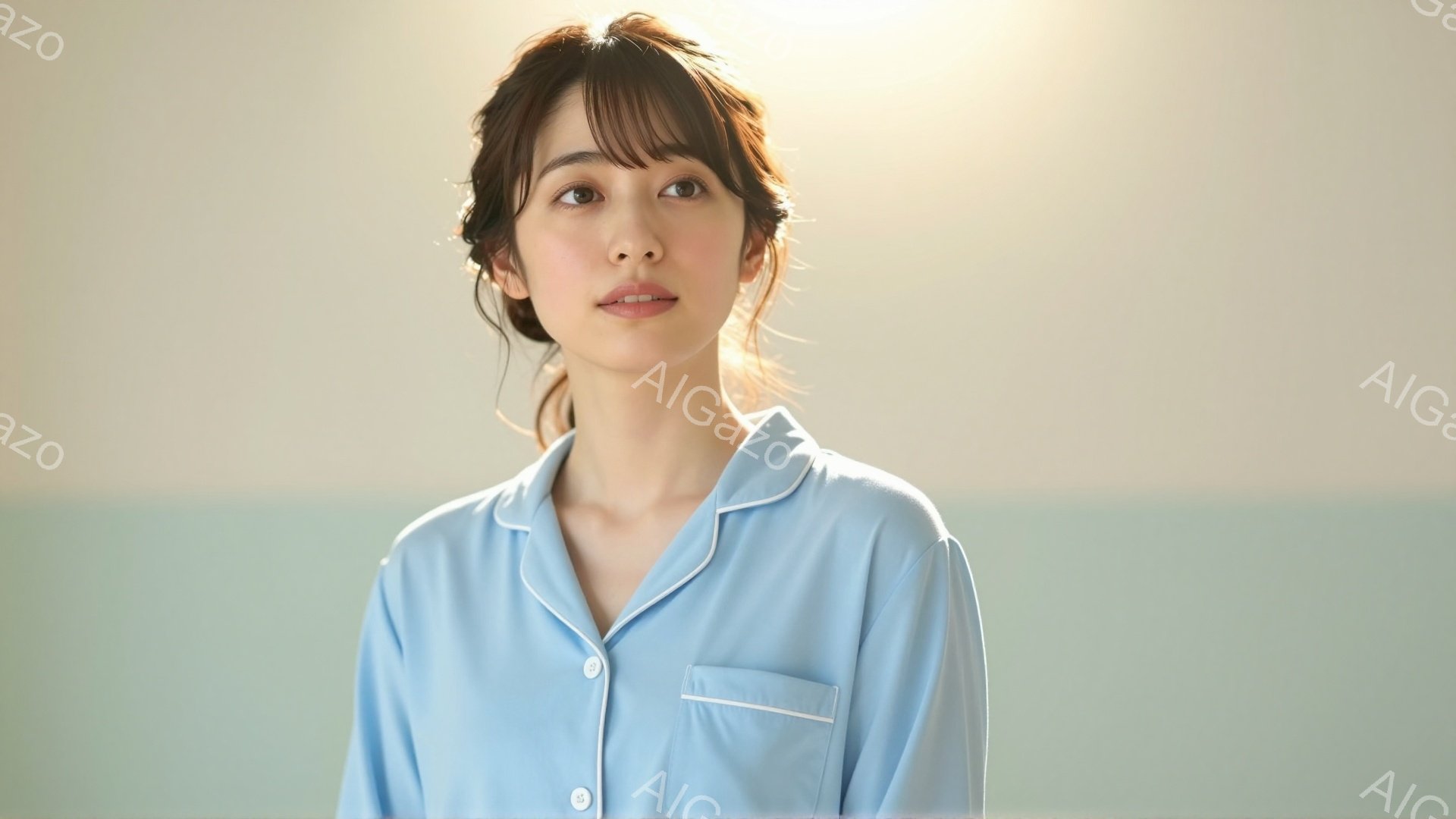明るい青色のパジャマを着た若い女性が写っている。彼女は肩までの中髪で、軽くカールがかかっており、穏やかな微笑みを浮かべている。背景は淡い水色で、遠くにはぼんやりとした地平線が見え、全体的に穏やかでリラックスした雰囲気が漂っている。