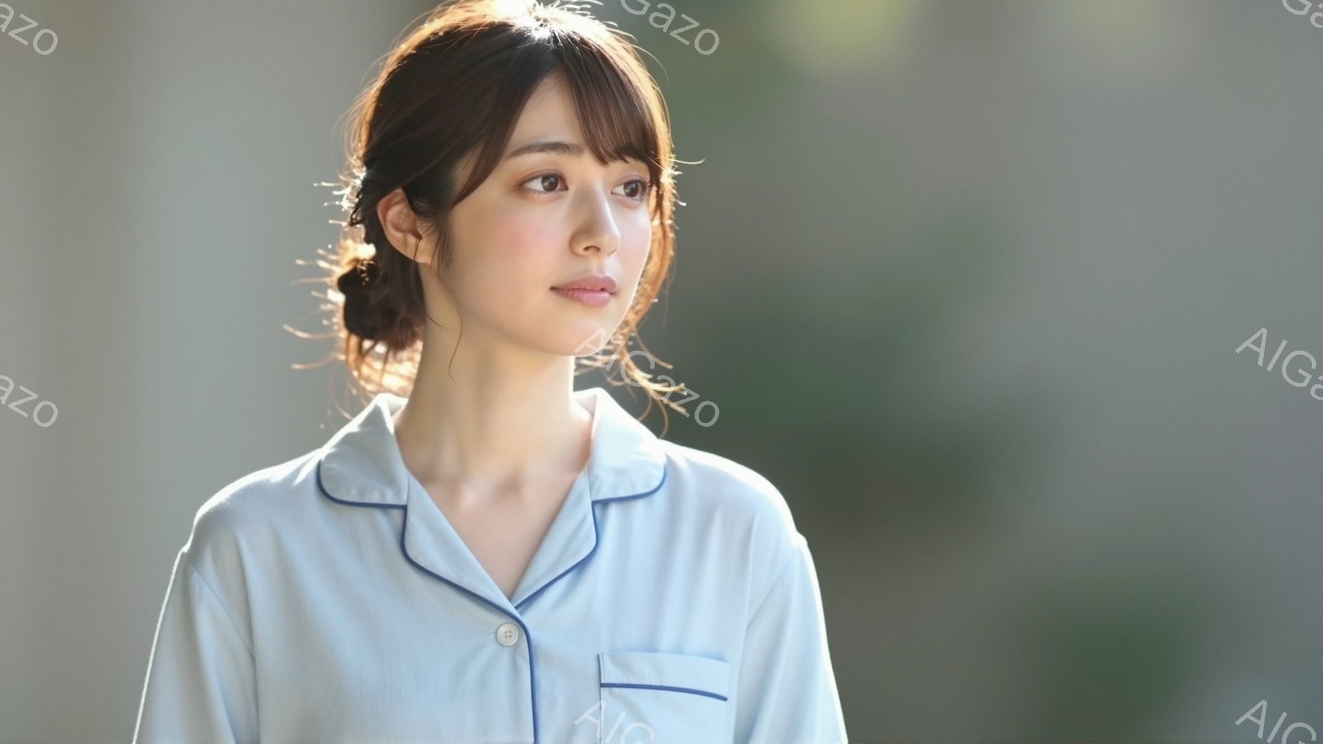 明るい青色のシャツを着た若い女性が写っている。彼女は髪を軽くカールさせて後ろでまとめている。背景はぼやけており、緑豊かな自然がうかがえる穏やかな雰囲気である。