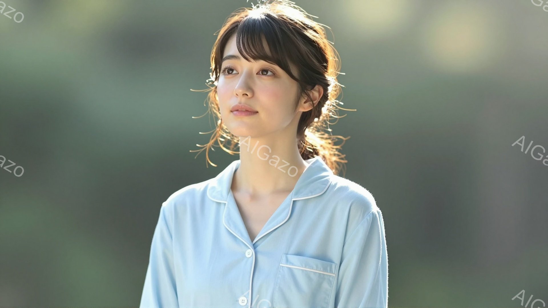 明るい青色のシャツを着た若い女性が写っている。彼女は軽く微笑み、少し上を見つめている。背景は緑色のぼやけた自然で、柔らかい光が彼女を照らし、穏やかで希望に満ちた雰囲気を醸し出している。 - AI生成フリー素材