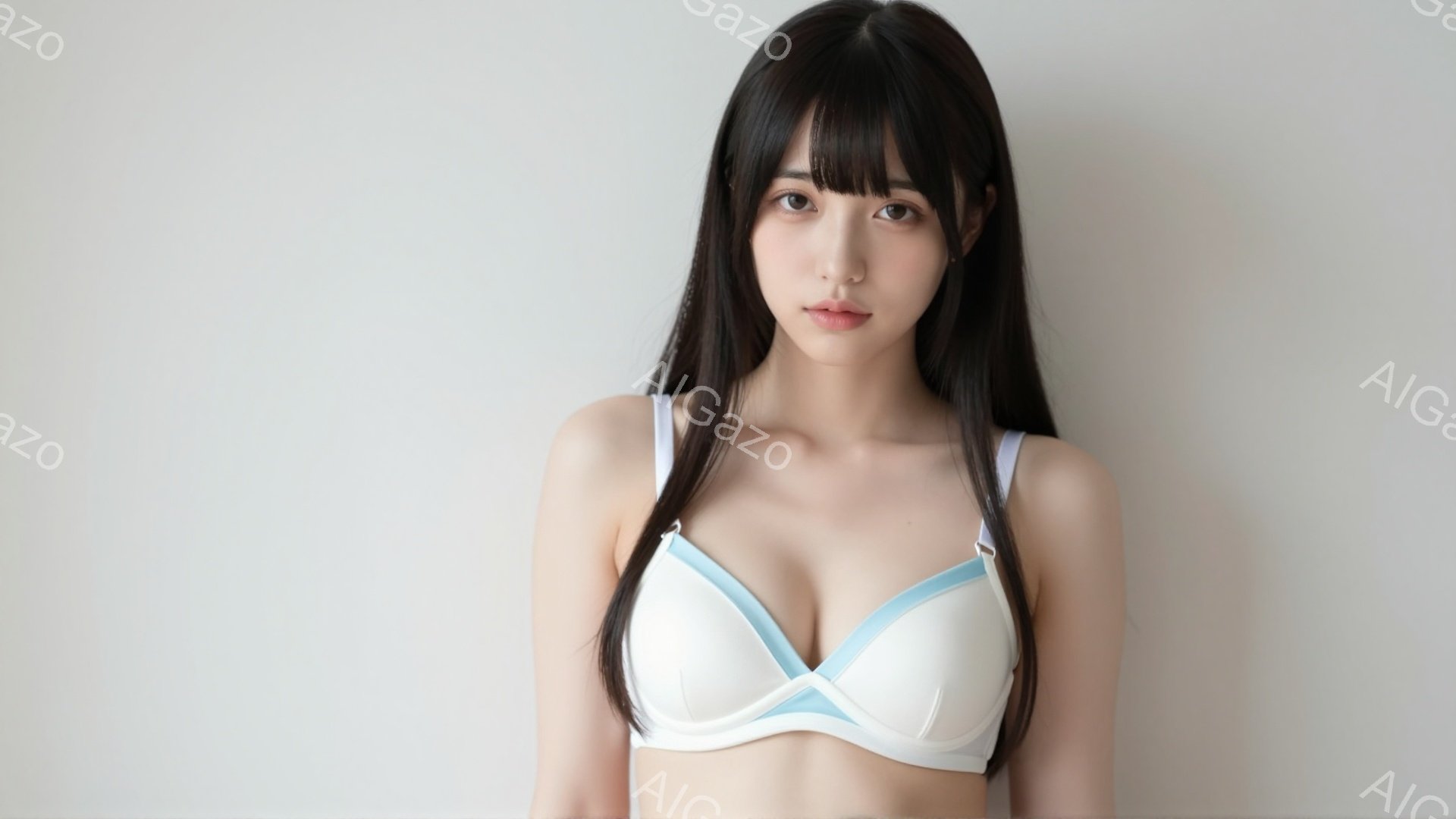 長い黒髪の女性が、白いブラレットに薄い水色のアクセントが入ったものを着用し、カメラの方をまっすぐ見ています。彼女の表情は穏やかで、少し微笑んでいるように見えます。背景は白く、人物に焦点が当たっています - AI生成フリー素材