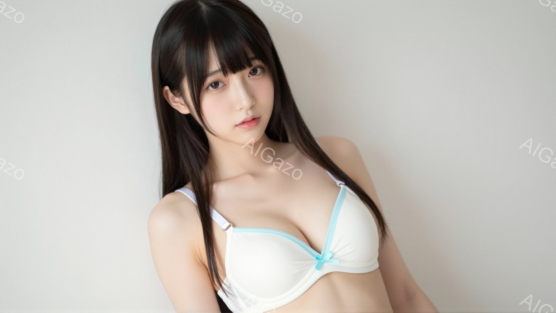 長い黒髪で前髪が目にかかる女性が写っています。白いブラジャーを着用し、わずかに微笑んだ表情でカメラを見つめています。背景は白く、人物に焦点が当てられています。 - AI生成フリー素材