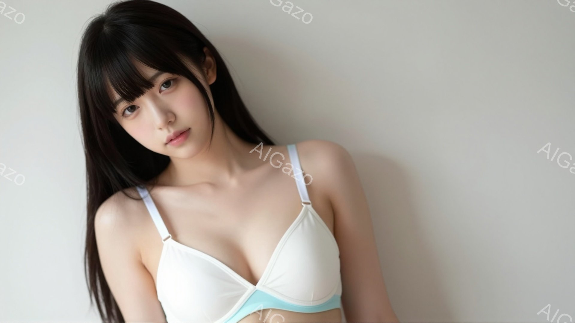 黒髪の女性が白いブラレットと水色のバンドを着用し、わずかに首を傾けてカメラを見つめています。彼女の髪は長く、ストレートで、顔の輪郭を優しく縁取っています。背景は明るいグレーで、彼女の美しさを際立たせて - AI生成フリー素材