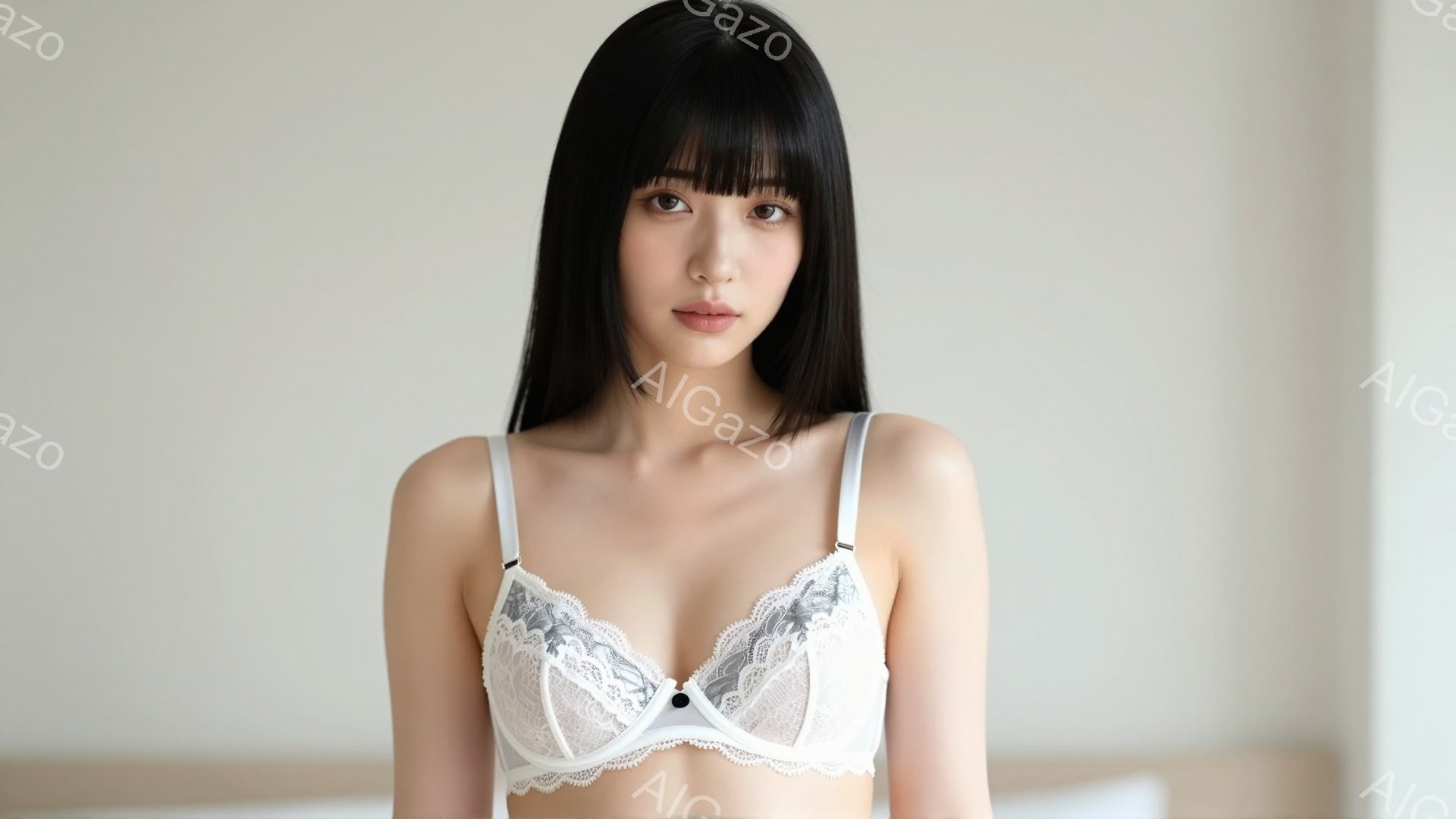 黒髪で前髪のある女性が、白いレースのブラレットを着用して正面を向いています。彼女は落ち着いた表情で、やや伏し目がちに見つめています。背景は淡いベージュの壁で、全体的に柔らかく、内面的な雰囲気が漂っています。