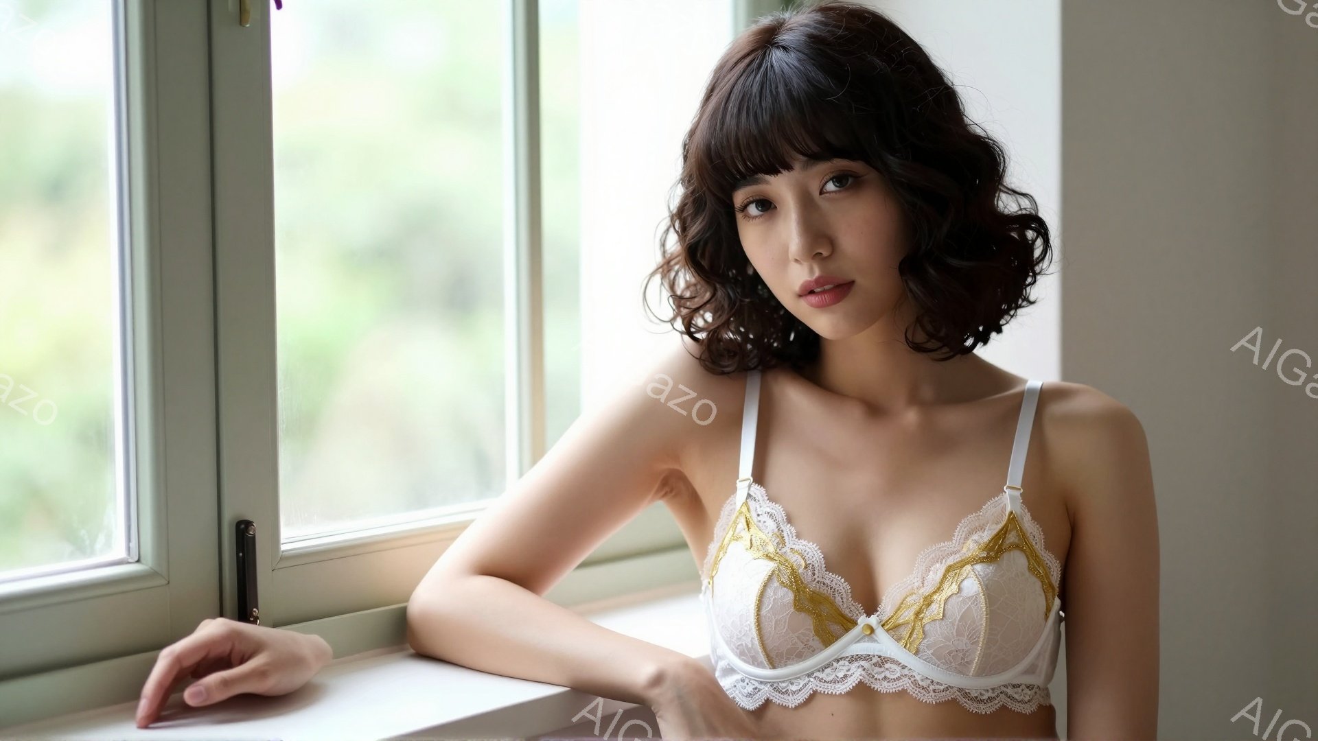 長い巻き毛の髪をした女性が白いレースのブラレットを着用し、窓枠に肘をついて座っています。彼女は少し微笑んでおり、リラックスした様子ですが、どこか憂いを帯びた表情をしています。背景はぼやけていますが、窓 - AI生成フリー素材