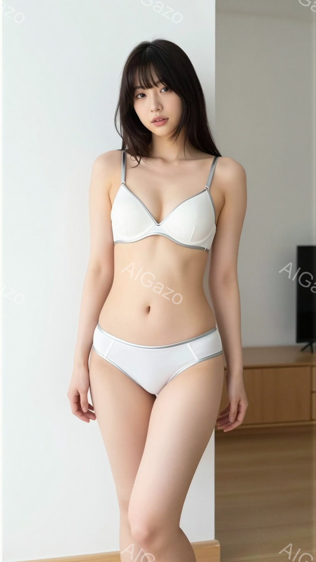 長い黒髪の女性が白い下着姿で、壁に寄りかかって立っています。彼女は軽く微笑んでおり、リラックスした雰囲気を漂わせています。背景は木の床と家具が見える室内で、シンプルな空間が女性を引き立てています。 - AI生成フリー素材