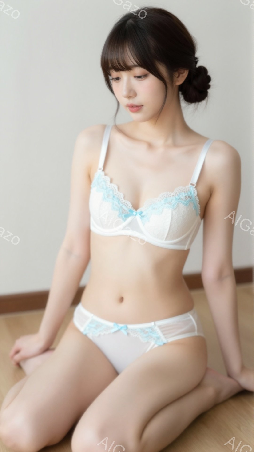 モデルは白いレースのブラとショーツを着用し、膝を曲げて床に座っています。彼女は黒髪で、前髪は目に少し触れるようにカットされています。背景はシンプルな明るい部屋で、暖色系の木製の床が見えます。 - AI生成フリー素材