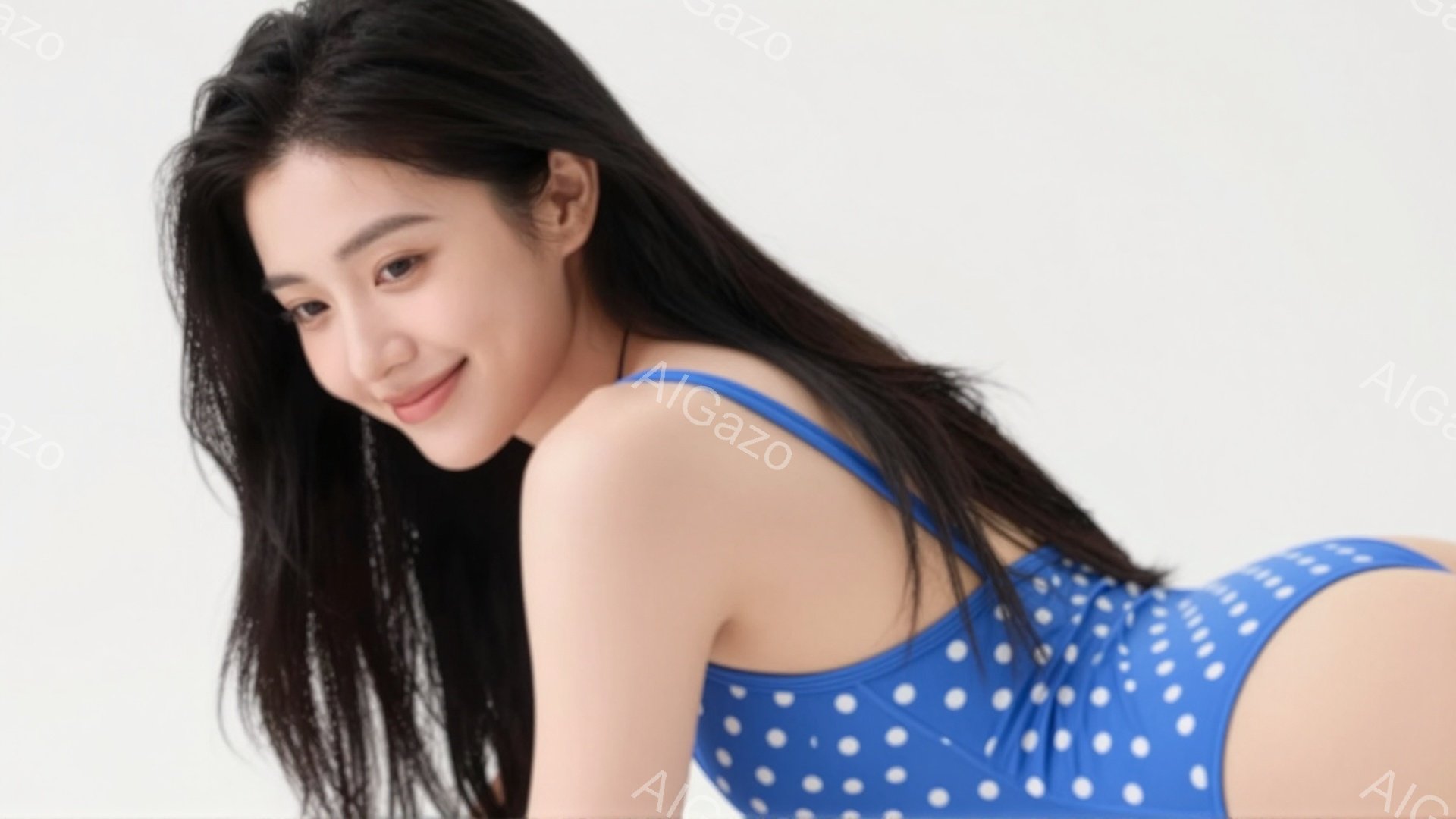 長い黒髪の女性が、水玉模様の青い水着を着て、カメラの方を見て微笑んでいます。彼女は少し体をひねり、リラックスした姿勢で、明るい背景を背景にしています。 全体的に明るく爽やかな雰囲気で、夏やリゾートを連 - AI生成フリー素材