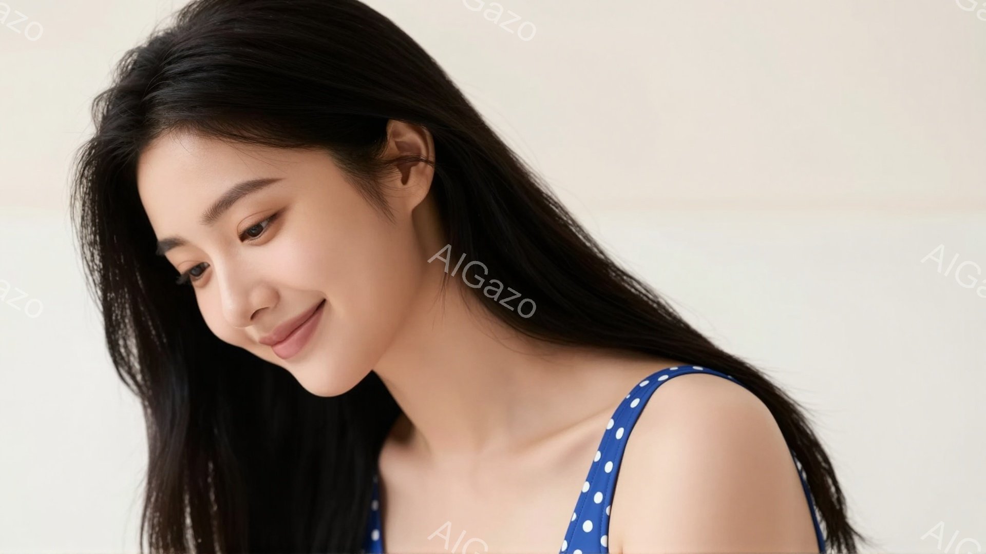 長い黒髪の女性が、青地に白い水玉模様のキャミソールを着ています。彼女はわずかに顔を傾げ、穏やかな微笑みを浮かべており、優雅で洗練された雰囲気を醸し出しています。背景は明るい単色で、彼女が際立っています - AI生成フリー素材