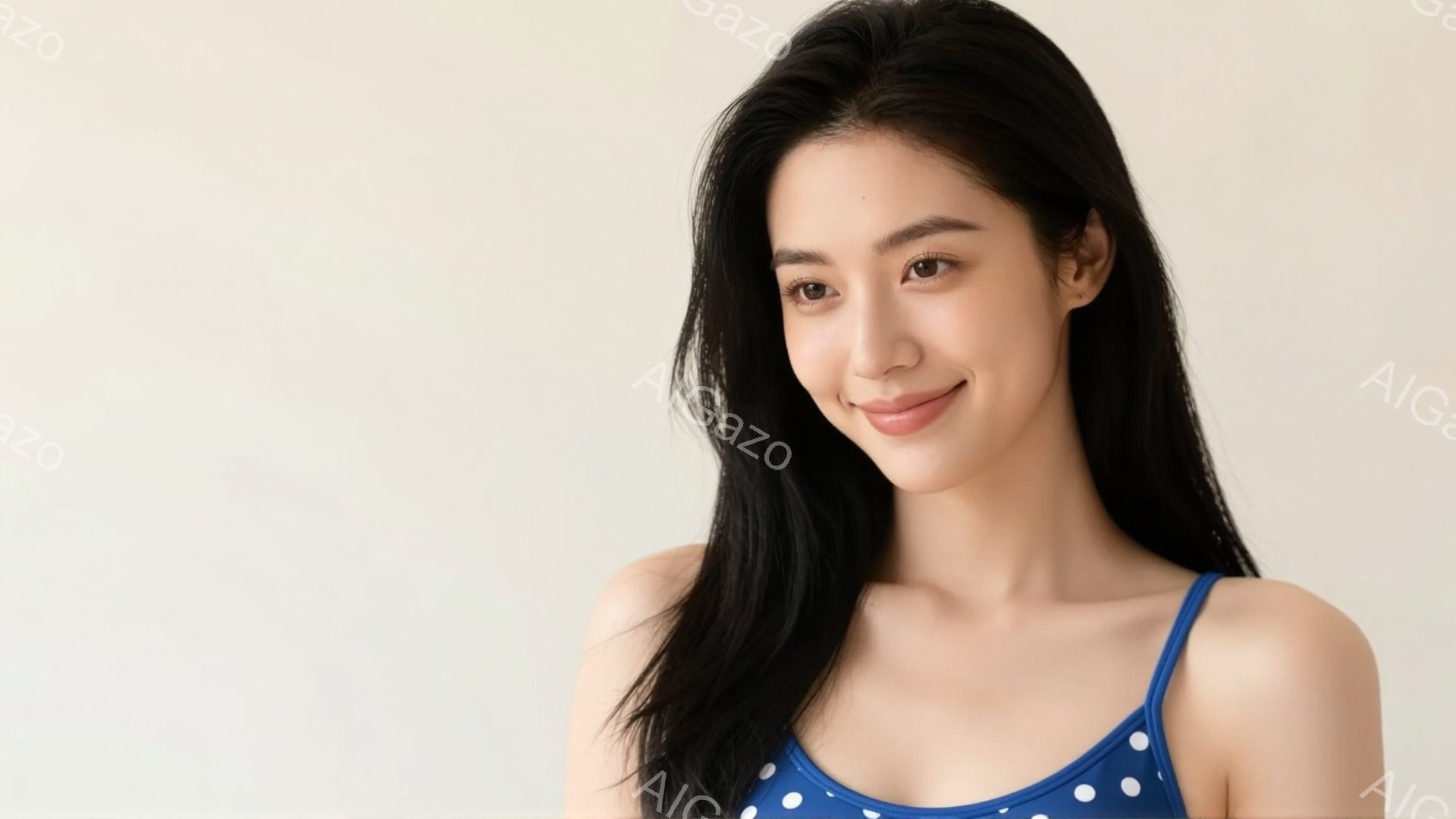 黒髪の女性が正面を向いて微笑んでいます。彼女は肩出しのドット柄の青いトップスを着ており、髪は長くストレートで肩にかかっています。背景は淡い色で、全体的に柔らかく明るい雰囲気です。