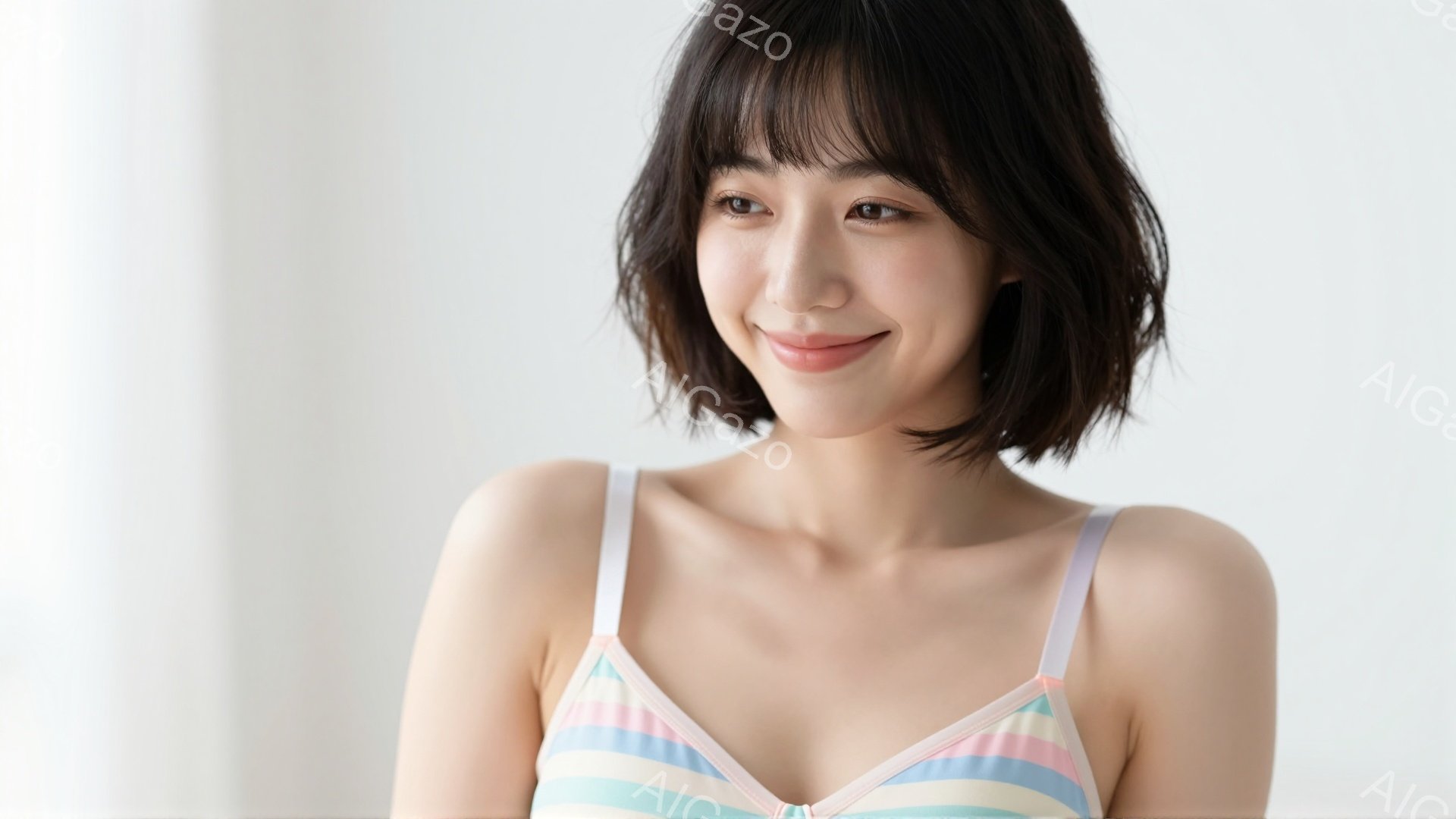 画像は、肩出しのストライプ柄ブラトップを着た若い女性を捉えています。彼女はダークブラウンのショートヘアで、軽く微笑んでおり、穏やかで親しみやすい表情をしています。背景は白く、女性が中央に配置されており - AI生成フリー素材