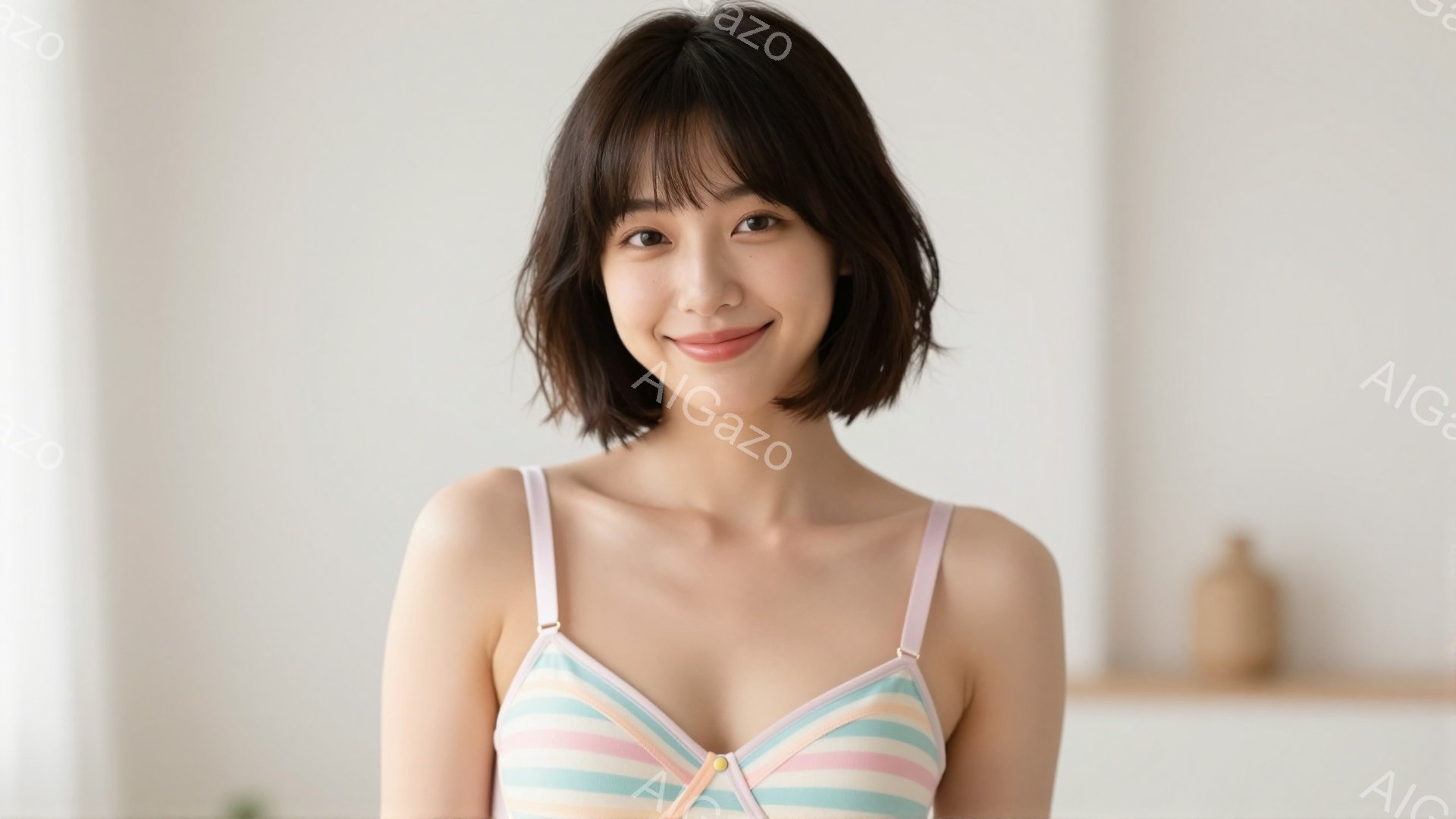 明るい背景を背景に、ストライプ柄のブラレットを着た若い女性が写っている。彼女は肩までの長さのダークブラウンのヘアスタイルで、わずかに微笑んでいる。背景は白を基調とした室内で、木製の棚とわずかにぼやけた - AI生成フリー素材