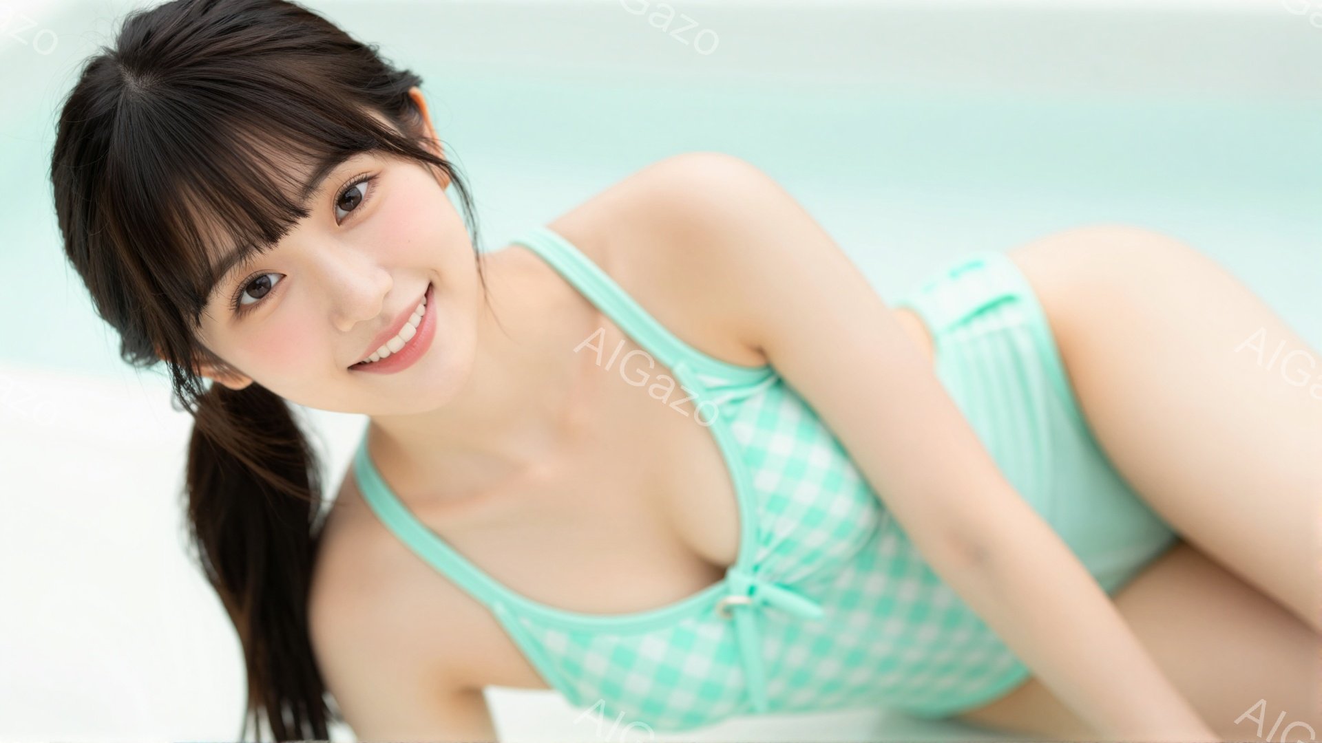 若い女性が水色のチェック柄のビキニ姿で、カメラに向かって微笑んでいます。彼女は片足を曲げ、横向きに体を傾けており、髪はポニーテールに結ばれています。背景は薄い水色で、水面を表していると思われ、全体的に - AI生成フリー素材