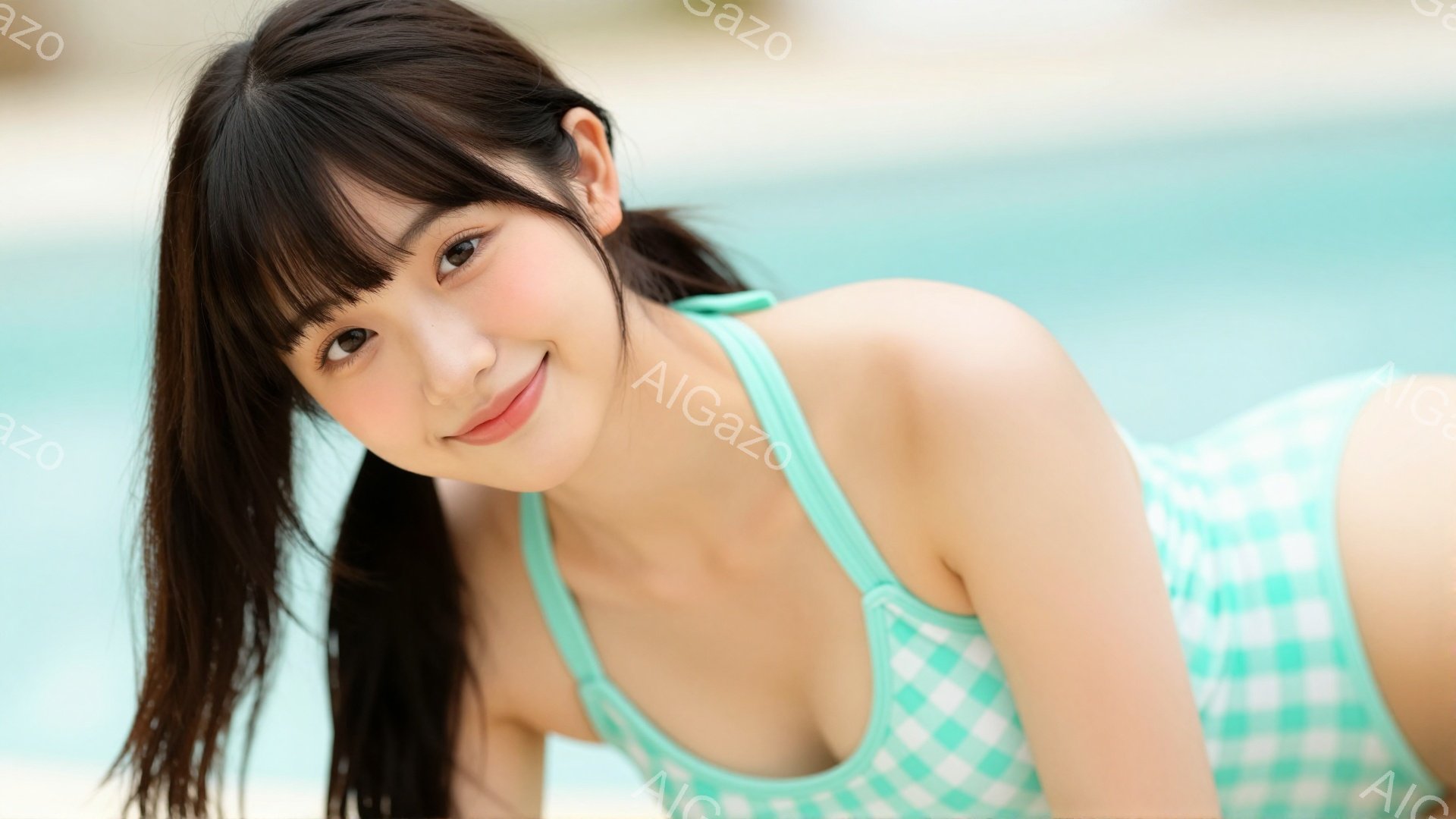 黒髪をポニーテールにした若い女性が、ターコイズと白のチェック柄の水着を着て微笑んでいます。彼女はカメラに向かって少し体を傾け、リラックスした姿勢でいます。背景はぼやけた青色のプールで、晴れた日のリゾー - AI生成フリー素材