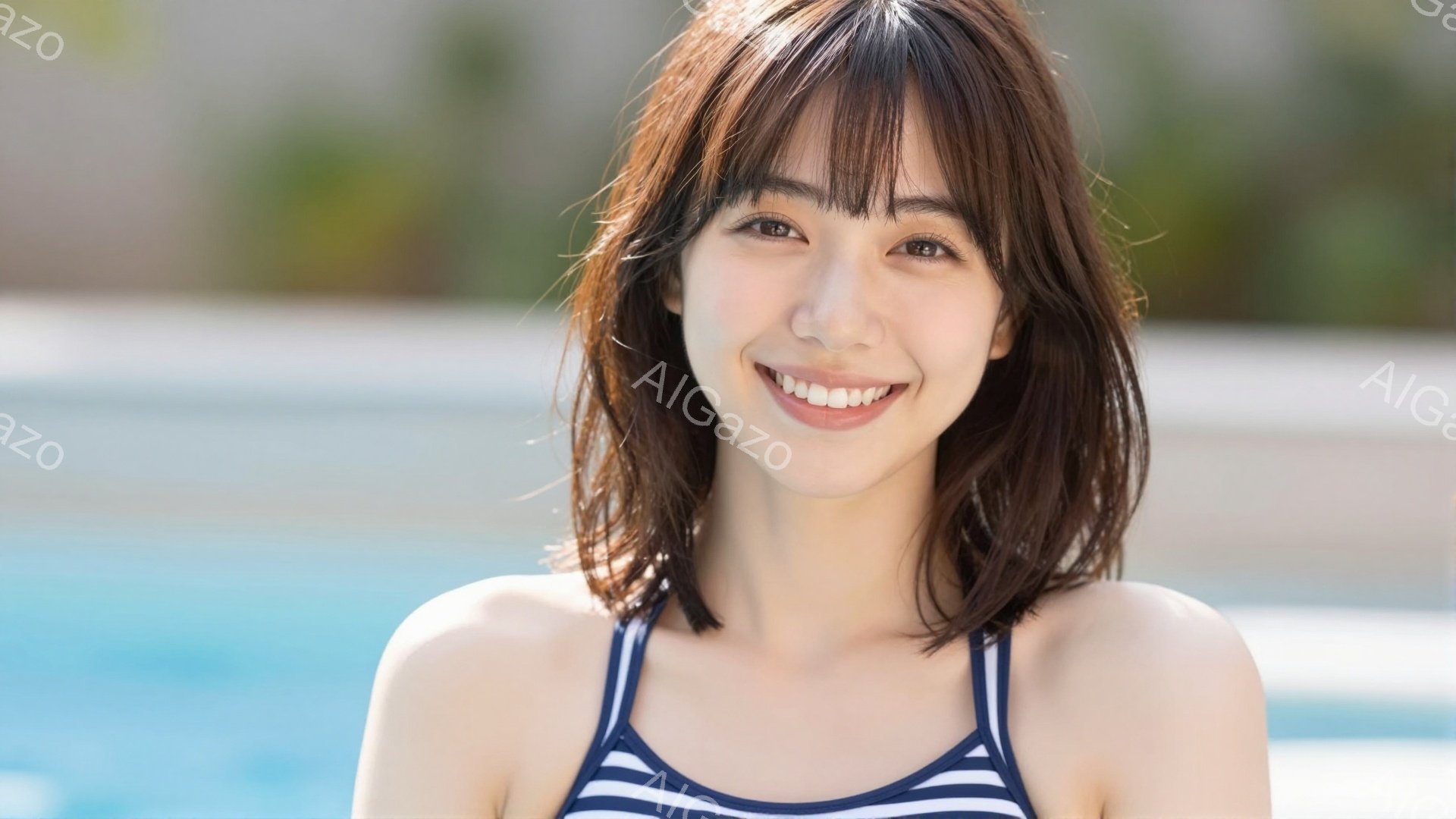 彼女はストライプのビキニを着て、明るく微笑んでいます。肩までの長さの髪は少しカールしており、前髪は眉毛にかかるようにカットされています。背景は水色のプールで、晴れた日のリゾート地の雰囲気が漂っています - AI生成フリー素材