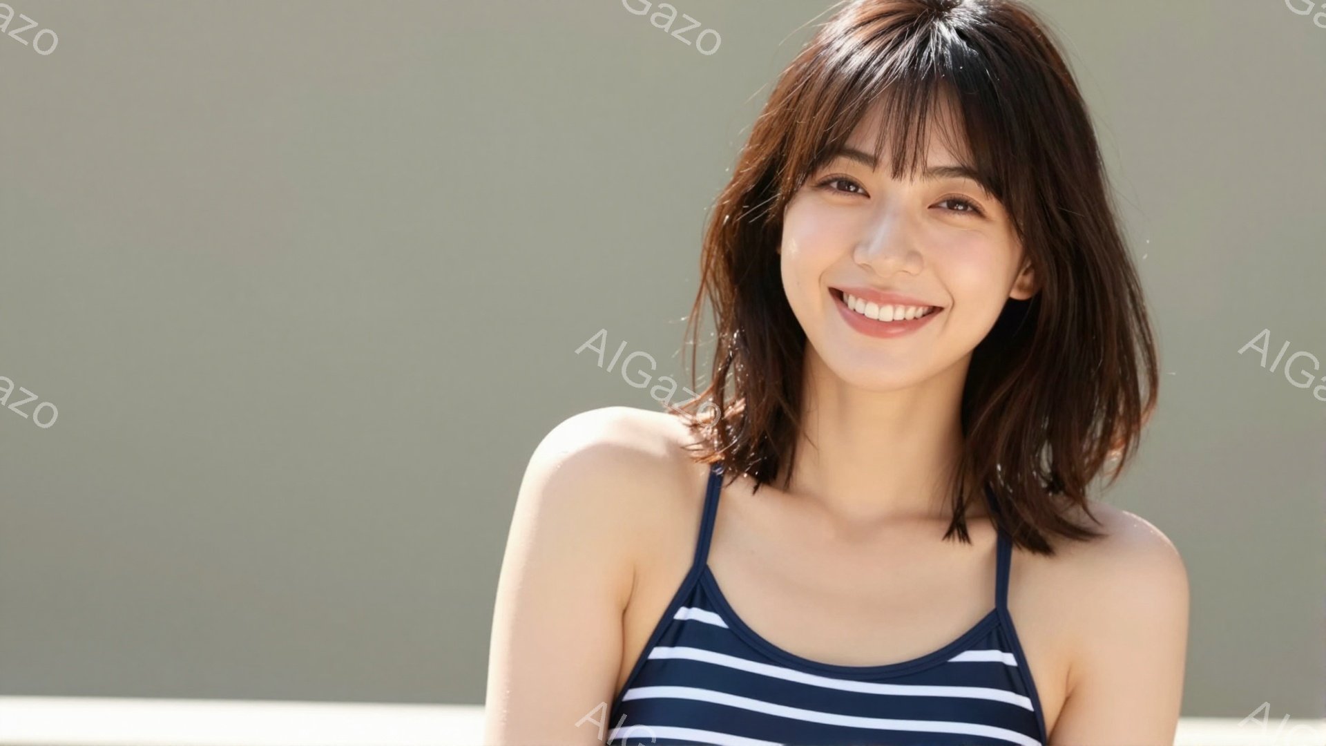 画像には、ストライプのビキニトップを着た若い女性が写っています。彼女は肩を少し寄せ、笑顔でカメラを見ており、茶色の髪は肩のあたりで切り揃えられています。背景は淡い緑色で、穏やかでリラックスした雰囲気を - AI生成フリー素材