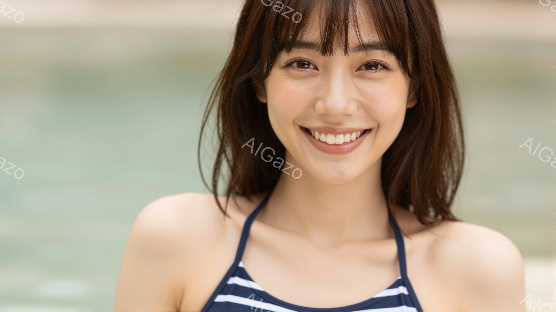 明るい笑顔を見せる女性が写っている。彼女は白い地に青いストライプのビキニを着ており、肩から胸元が露わになっている。茶色の髪は肩にかかる程度の長さで、背景はぼやけた水面で、リゾート地のような雰囲気を醸し出している。