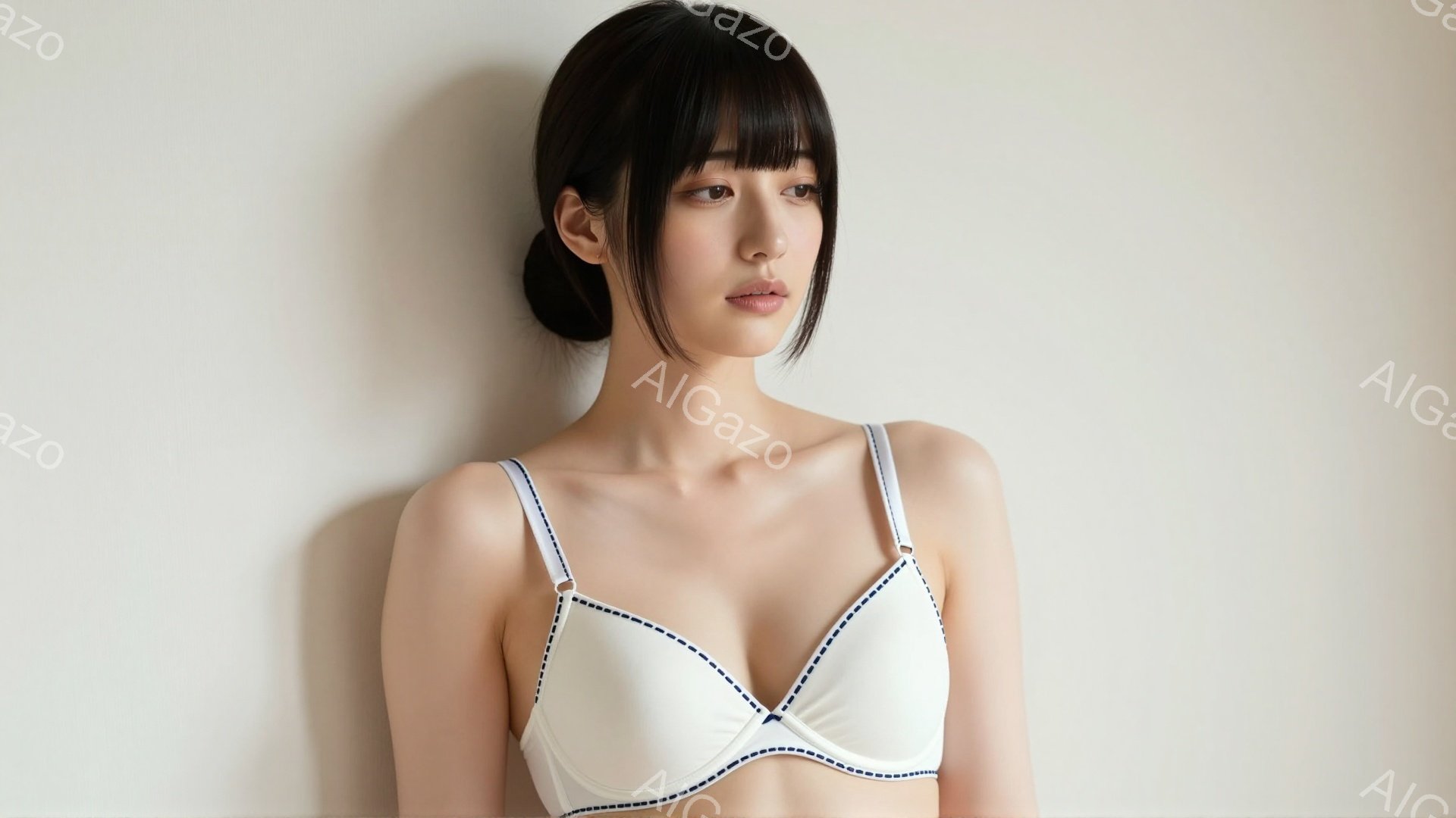 画像には、白いストラップと青いステッチが施されたブラレットを着た若い女性が写っています。彼女は黒髪で、前髪を揃え、後ろで一つにまとめたヘアスタイルです。表情は穏やかで、少し物憂げな視線を投げかけています。