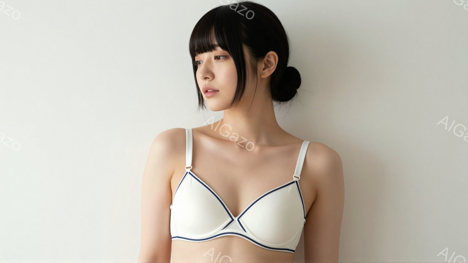 黒髪を後ろでまとめた女性が、白いストラップ付きブラレットを着用して正面を向いています。彼女はわずかに顎を上げ、穏やかで控えめな表情をしています。背景は白く、女性が際立っており、全体的に清潔でミニマルな - AI生成フリー素材