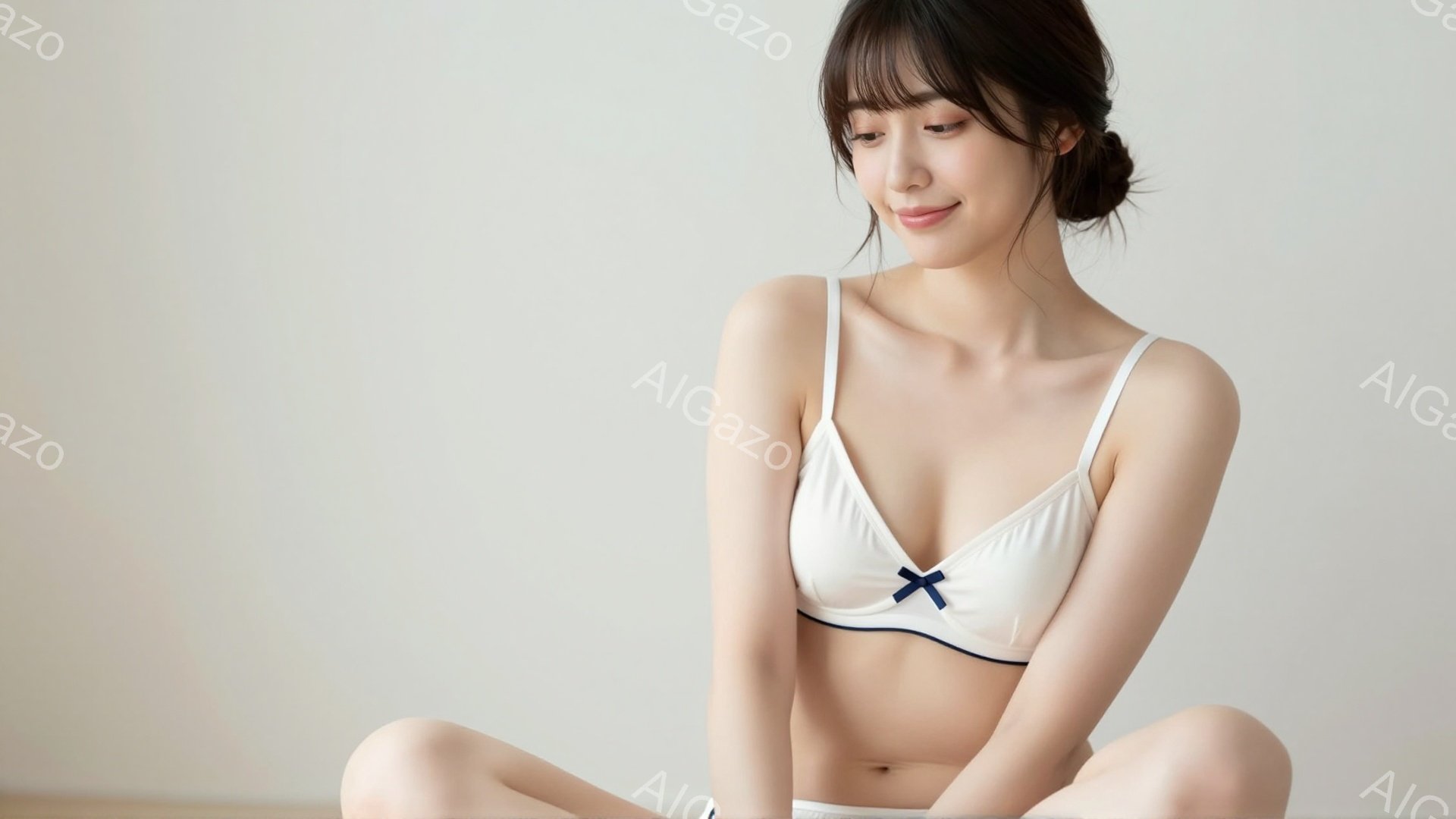 明るい背景を背景に、若い女性が座っています。オフホワイトのブラジャーに青いリボンがアクセントになっています。彼女は微笑んでおり、リラックスした雰囲気で、自然なヘアスタイルで、前髪が少しおでこにかかっています。