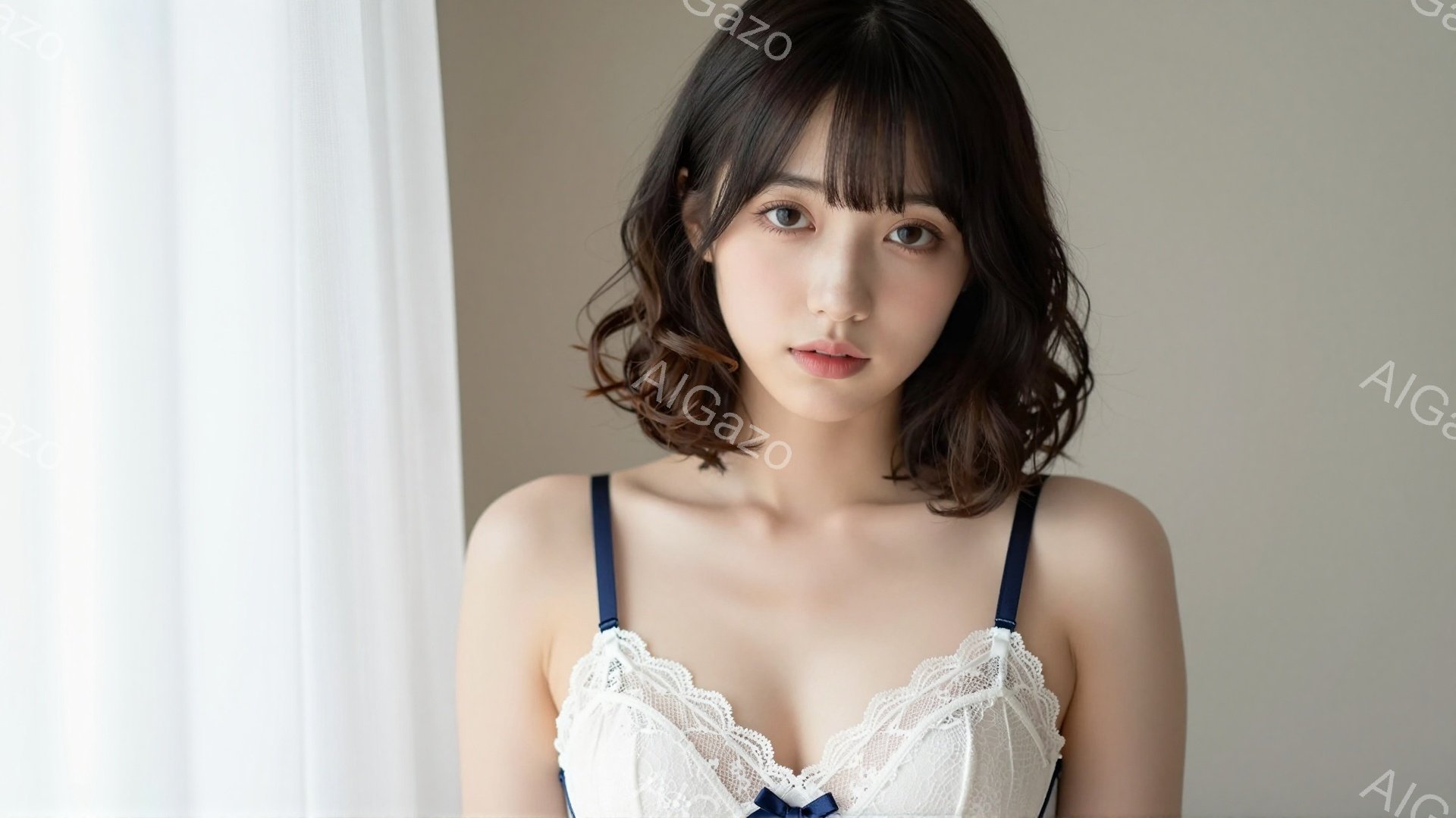 彼女は白いレースのブラレットと紺色のストラップをつけて、カメラの方をまっすぐ見つめている。髪は肩にかかるくらいの長さで、軽くウェーブがかかっており、表情は穏やかで少し微笑んでいるように見える。背景は白 - AI生成フリー素材