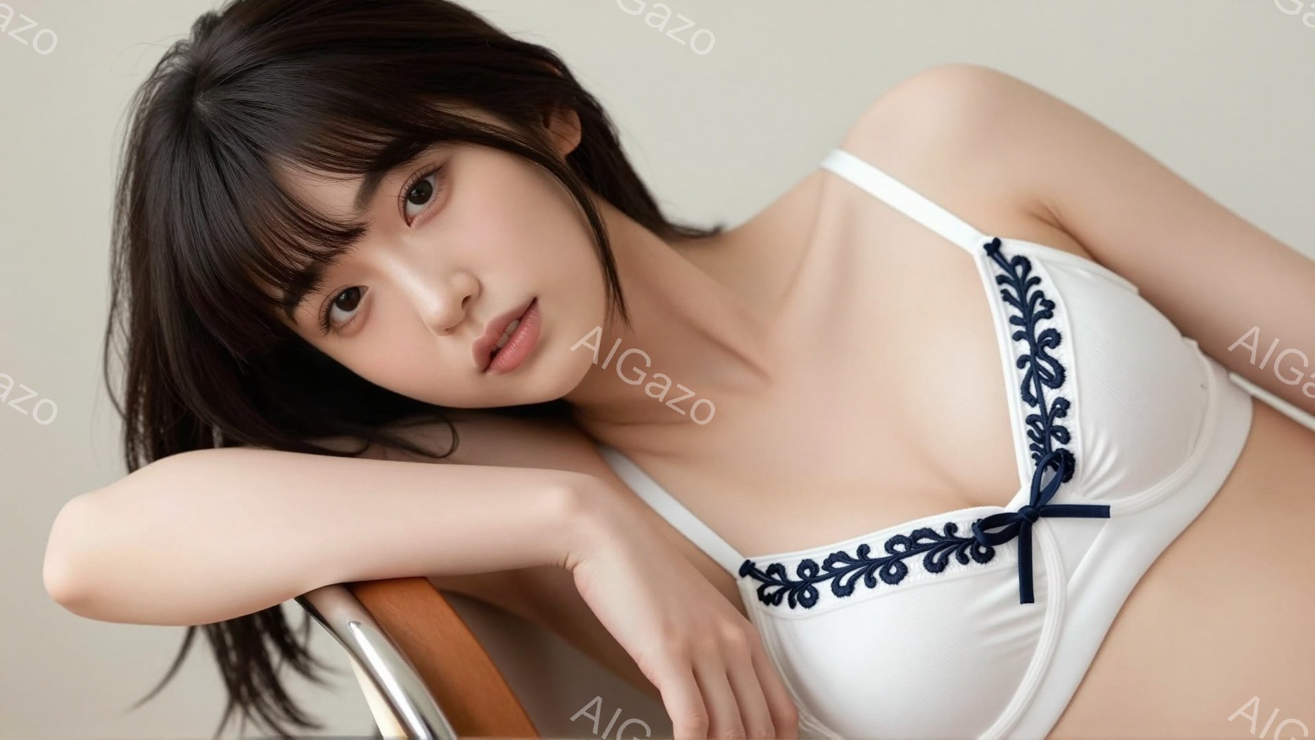 長い黒髪を肩にかけた若い女性が、白いレース飾りのキャミソールを着て椅子に寄りかかっています。彼女は穏やかな表情でカメラを見つめ、リラックスした姿勢で魅力を振りまいています。背景は淡いベージュ色で、彼女 - AI生成フリー素材