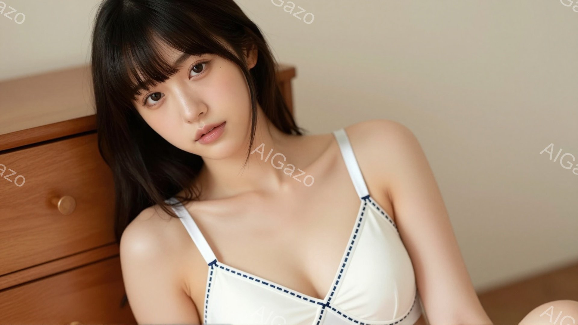 長い黒髪で前髪が目を覆う女性が写っています。白いトリミング付きのキャミソールを着て、リラックスした表情でカメラを見つめています。背景には木製のチェストがあり、全体的に落ち着いた雰囲気です。 - AI生成フリー素材