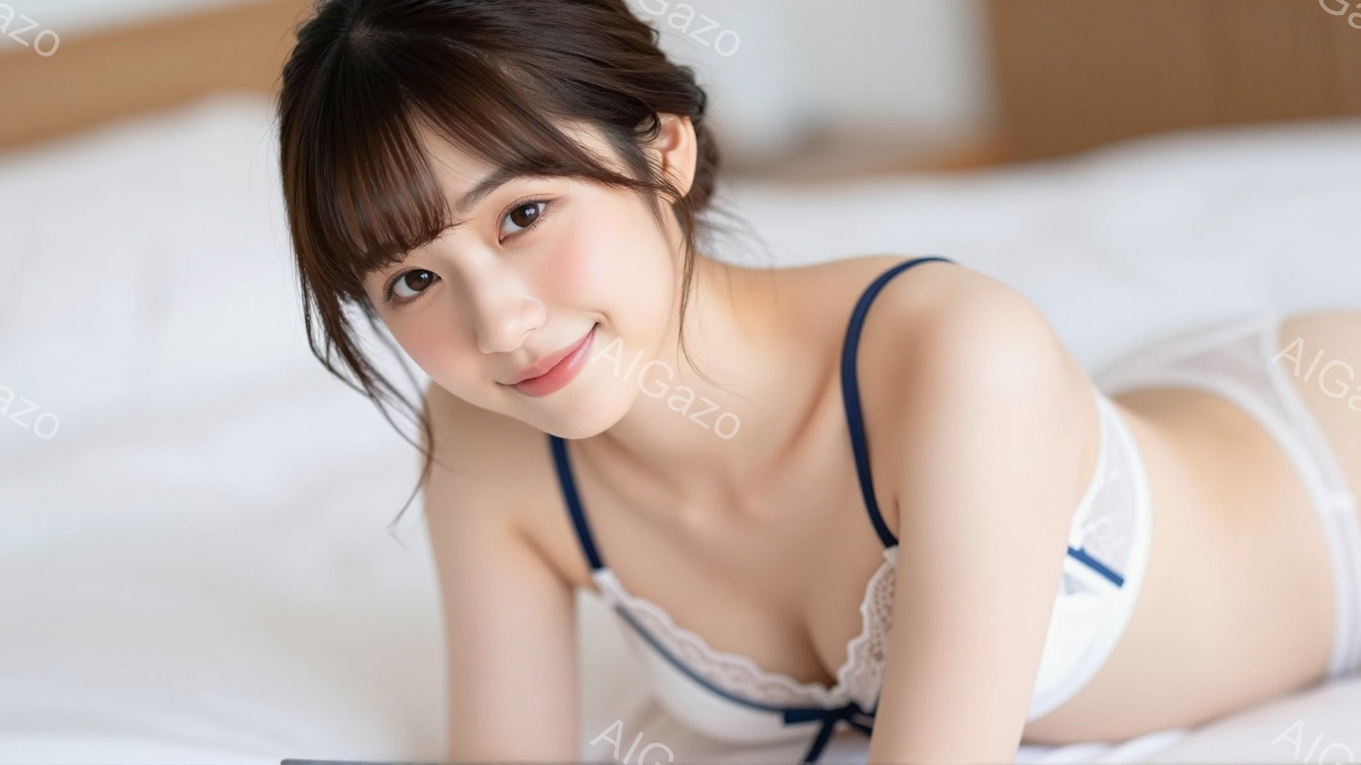 彼女は白いレースのブラレットとショーツを身につけ、ベッドに横たわっています。長い黒髪はハーフアップにしており、顔には穏やかな笑顔が浮かんでいます。背景は白いベッドシーツとぼやけた部屋の一部で、全体的に - AI生成フリー素材