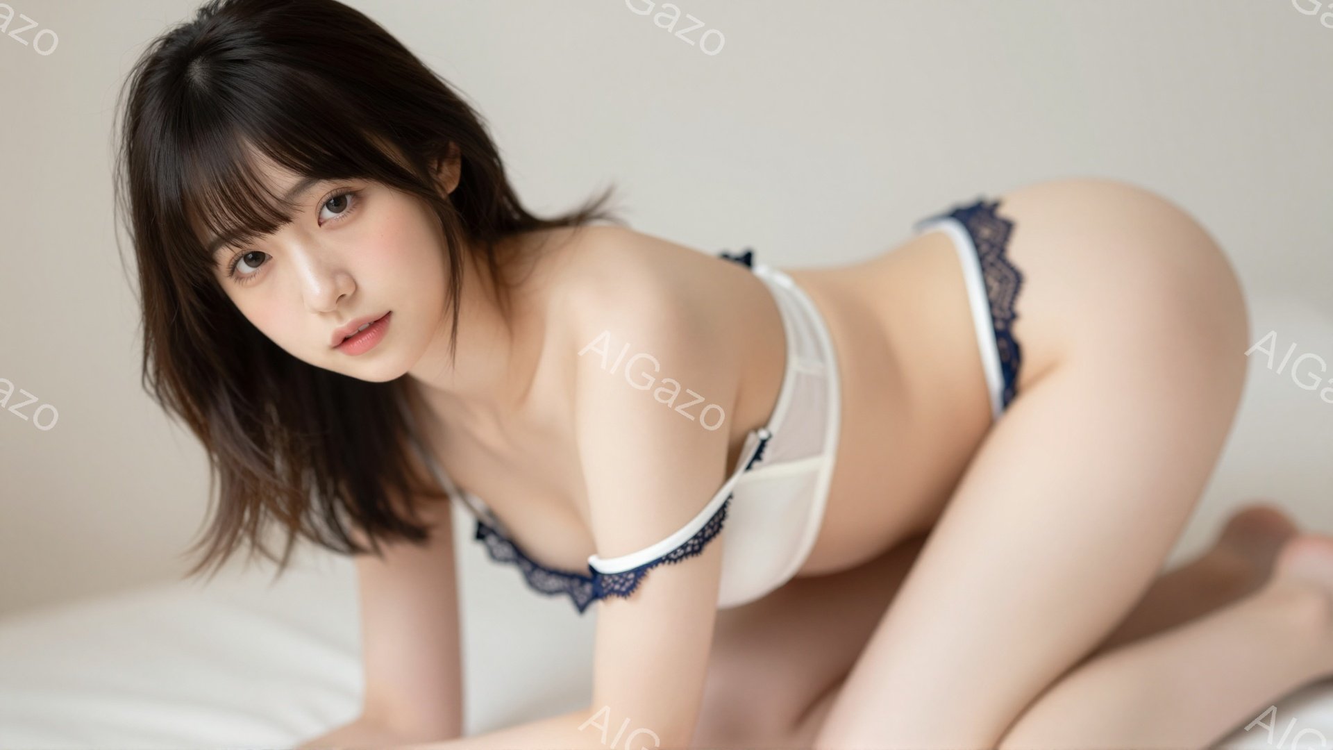 長い黒髪の女性が、白いレース付きのブラジャーとショーツを身に着け、膝をついてこちらを見ている。彼女の表情はわずかに微笑んでおり、艶やかな肌が印象的だ。背景はぼやけた白で、柔らかく明るい雰囲気を醸し出し - AI生成フリー素材