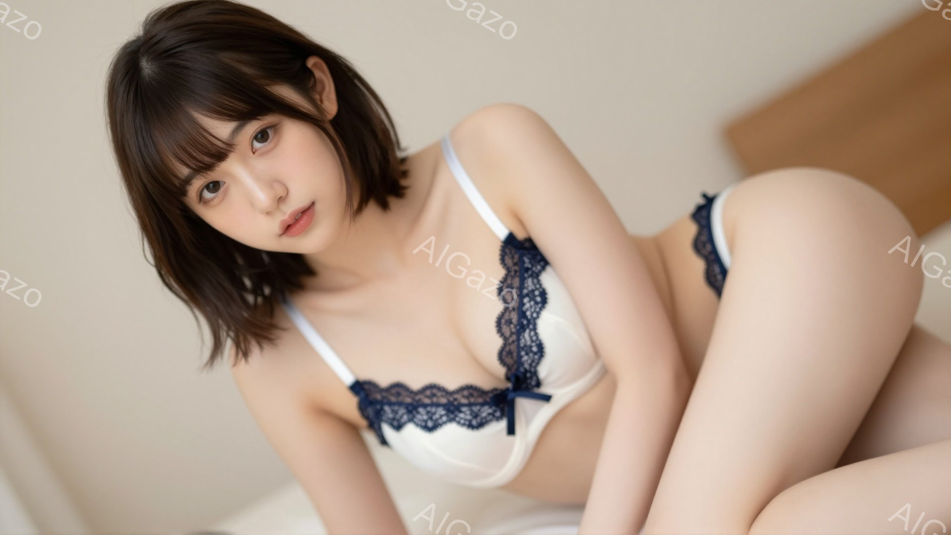 明るい髪の女性が白いレースのブラとショーツを身に着けて横たわっており、少し微笑みを浮かべてカメラを見つめています。彼女は膝を曲げて体を丸め、リラックスした姿勢をとっています。背景は白く、ミニマルな空間 - AI生成フリー素材