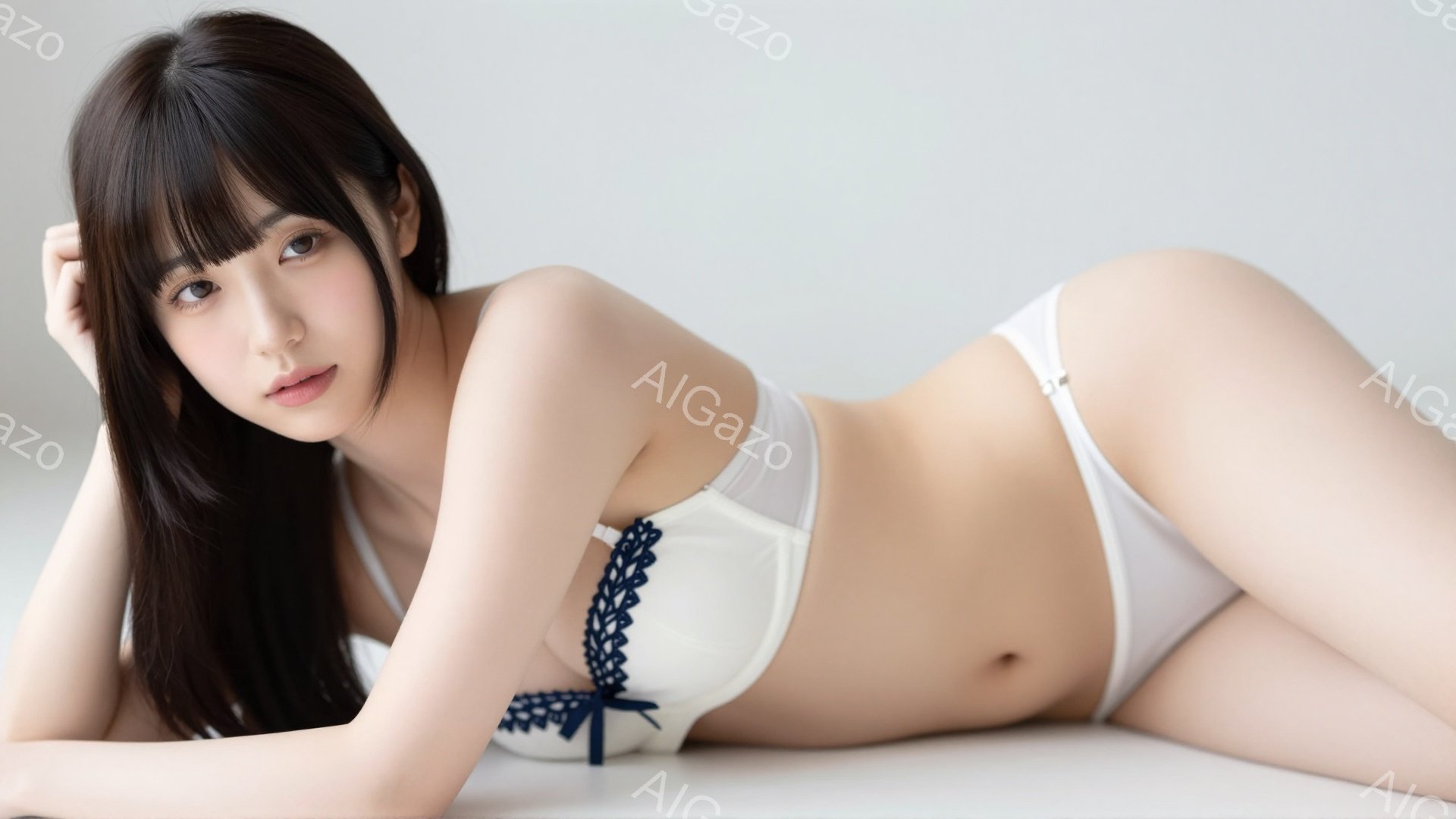 長い黒髪を肩にかける女性が、白い下着姿で床に横たわっています。彼女は片手を頬にあて、カメラを見つめる穏やかな表情をしています。背景は白くシンプルで、女性が際立つように設計されています。 - AI生成フリー素材