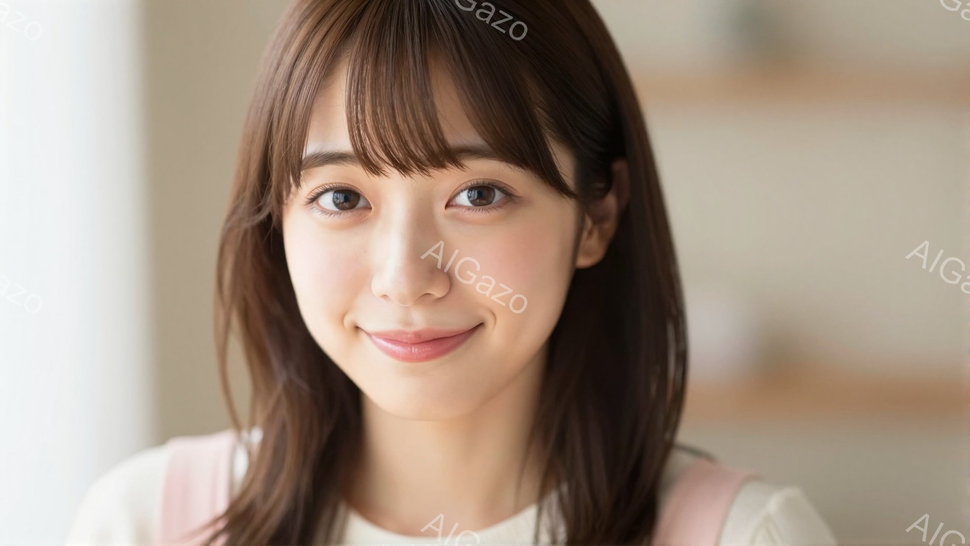 明るい笑顔を浮かべた若い女性が写っている。彼女は白いトップスに薄いピンク色の何かを肩にかけており、長い茶色の髪はゆるやかにカールしている。背景はぼやけているが、室内であると推測され、全体的に温かく、親 - AI生成フリー素材