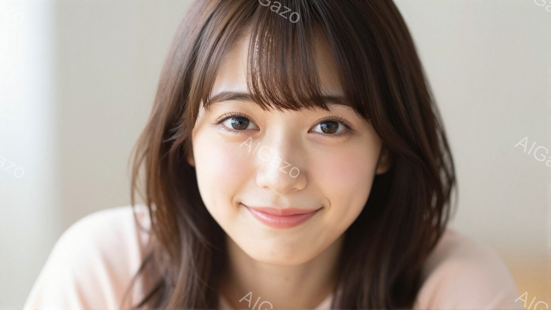 明るい茶髪の女性が、穏やかな笑顔で正面を見つめています。彼女は肩までの長さの髪を持ち、カジュアルなピンク色のシャツを着ています。背景はぼやけており、室内である事が伺えますが、明るく温かい雰囲気が漂って - AI生成フリー素材