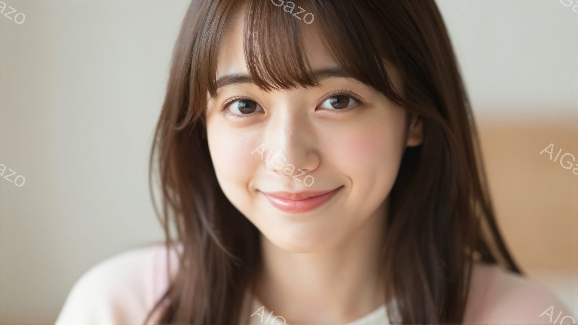 画像は、明るい笑顔を浮かべた若い女性のクローズアップです。彼女は肩までの長さの茶色の髪で、前髪が少し目にかかっています。淡いピンク色のトップスを着ており、背景はぼやけていますが、明るく柔らかな光が差し - AI生成フリー素材