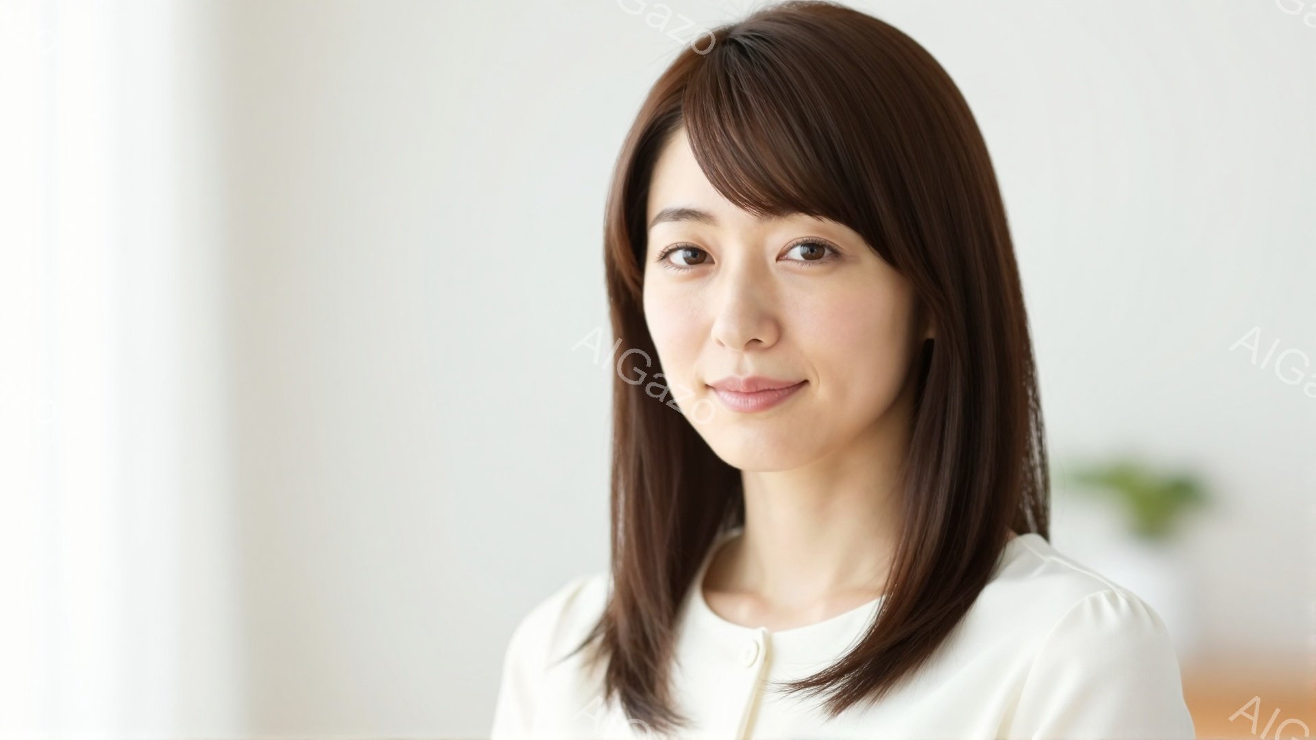 画像は、明るい背景を背景にした、茶髪の女性のポートレートです。彼女は白いブラウスを着ており、肩までの長さの髪を少しカールさせています。穏やかな微笑みを浮かべ、リラックスした雰囲気で、穏やかな表情をしています。